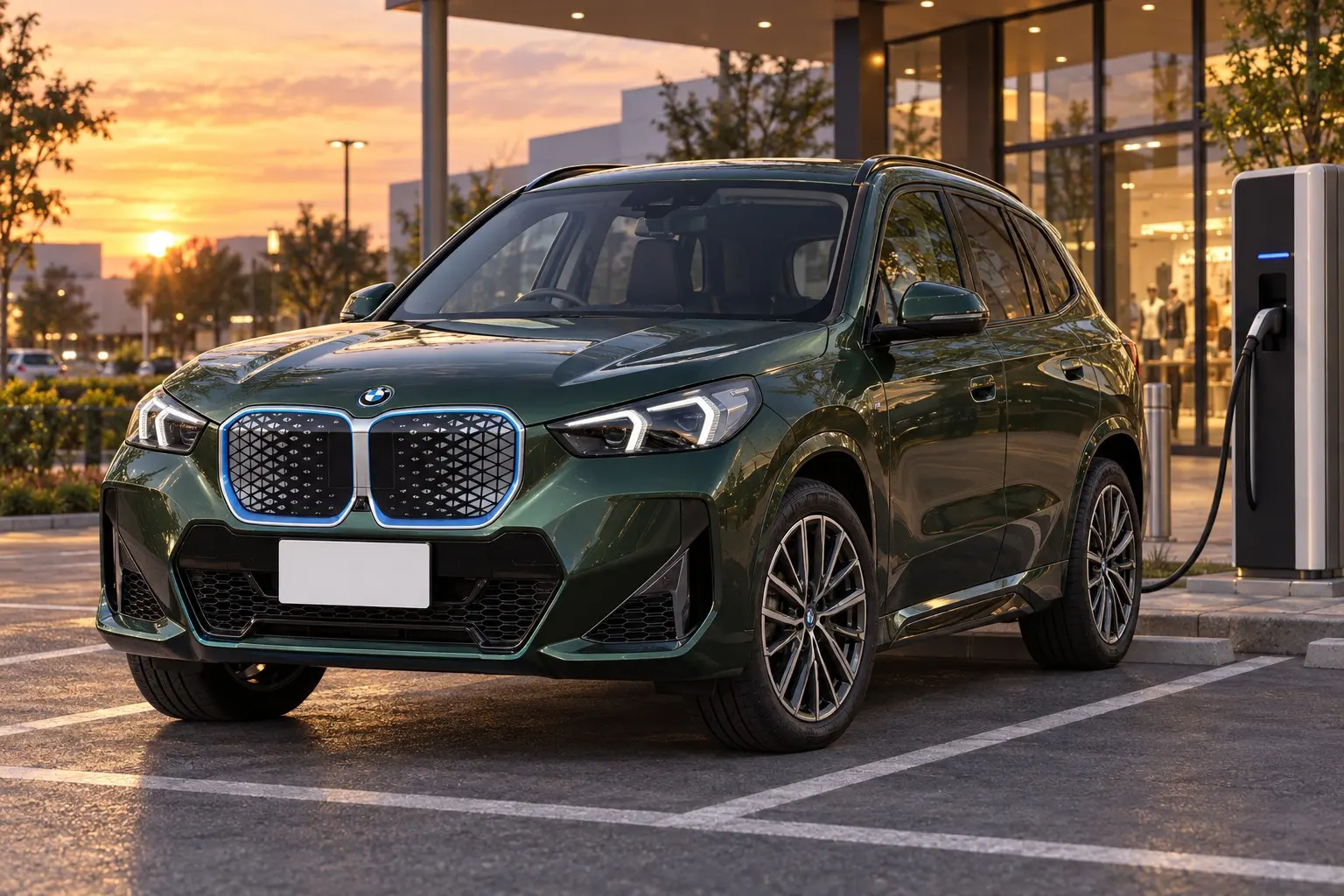 BMW iX1 eDrive20 M Sportを斜め前から見た実車イラスト。ケープ・ヨーク・グリーンのボディ、青いアクセントの入ったキドニー・グリル、細いLEDヘッドライト、四角いSUVの形。夕方のショッピングモールの充電スタンドの前