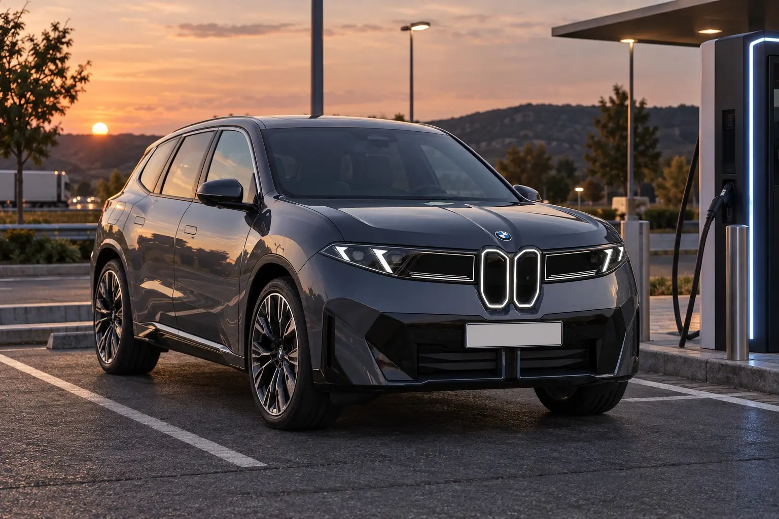 新型BMW iX3 50 xDrive M Sportを斜め前から見た実車イラスト。ポラライズド・グレーのボディ、縦長で細いキドニー・グリルの新しい顔、細いLEDヘッドライト。夕暮れの高速道路のサービス・エリアの超急速充電器の前