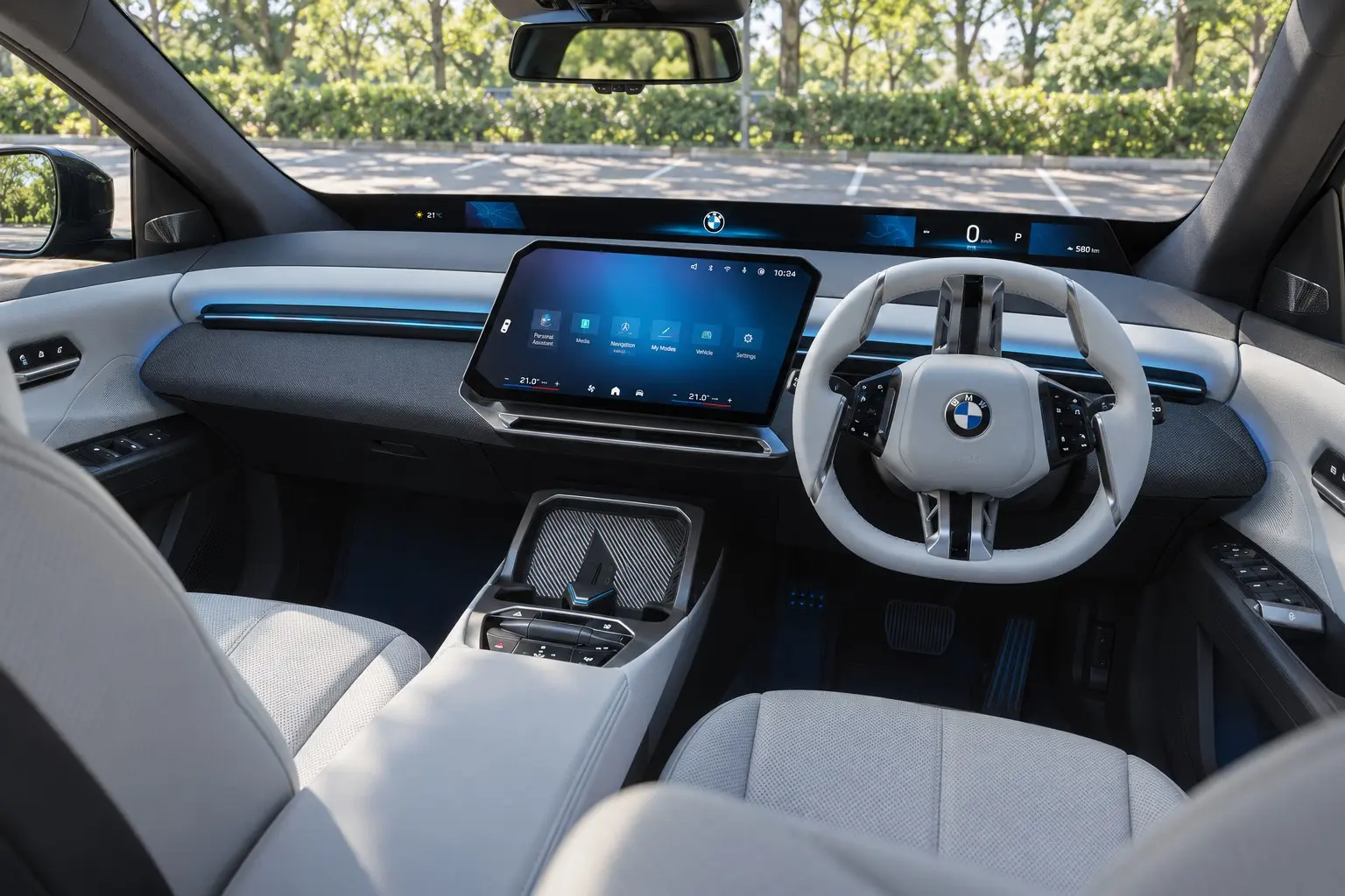 新型BMW iX3の運転席まわりの実車イラスト。日本仕様の右ハンドル。フロント・ガラスの下を端から端まで横切る細長い表示(パノラミック・ビジョン)、運転席側へ傾いた大きなタッチ画面、メーター・パネルのないすっきりしたダッシュボード、明るい色の内装