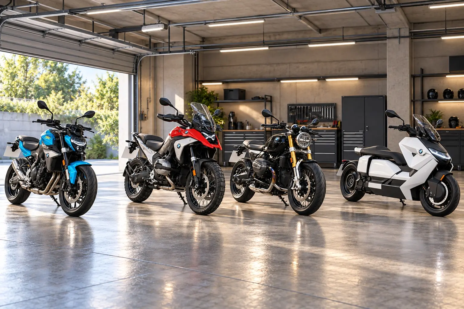 BMWのバイク4台が並んだカット。左から青いF 900 R、赤いR 1300 GS、黒いR 12 nineT、白いCE 04。ガレージの中