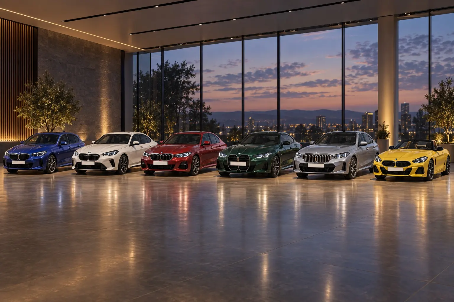 BMWの1シリーズ、2シリーズ グラン クーペ、3シリーズ セダン、4シリーズ クーペ、5シリーズ セダン、Z4を小さい順に横一列に並べた実車イラスト。色はそれぞれ違う。夕方の広いショールームの床、柔らかな照明