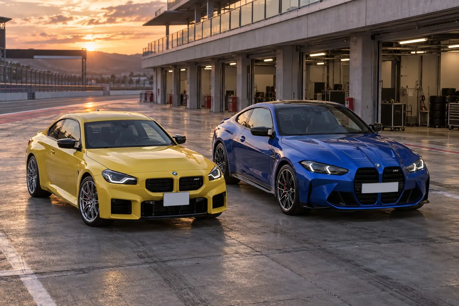 BMW M2（Mサンパウロ・イエロー）とM4 クーペ（Mポルティマオ・ブルー）が並んで止まる実車イラスト。夕方のサーキットのパドック、ピットの照明