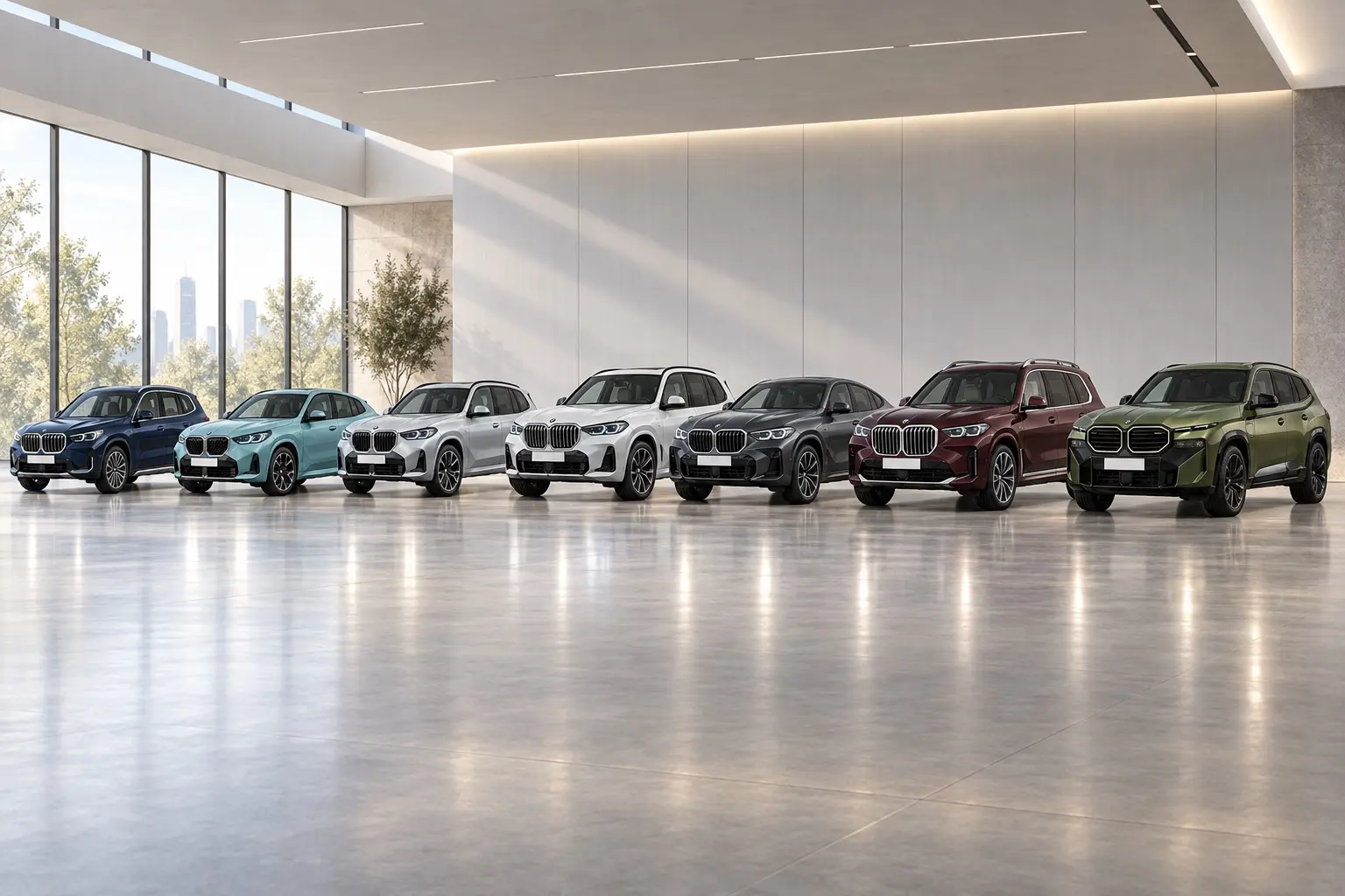 BMWのSUV（X1・X2・X3・X5・X6・X7・XM）を小さい順に横一列に並べた実車イラスト。色はそれぞれ違う。広いショールームの床、柔らかな照明