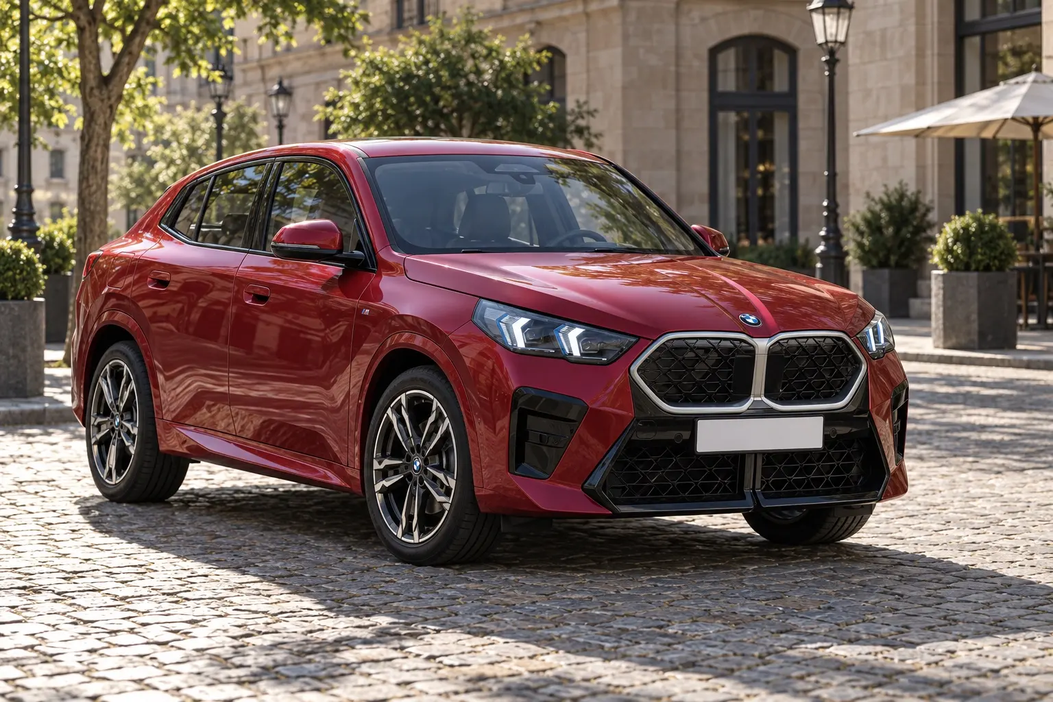 BMW X2（U10型）M Sportを斜め前から見た実車イラスト。ファイヤー・レッドのボディ、大きなキドニー・グリル、後ろへなだらかに下がるルーフライン。街なかの石畳の広場、午後の光