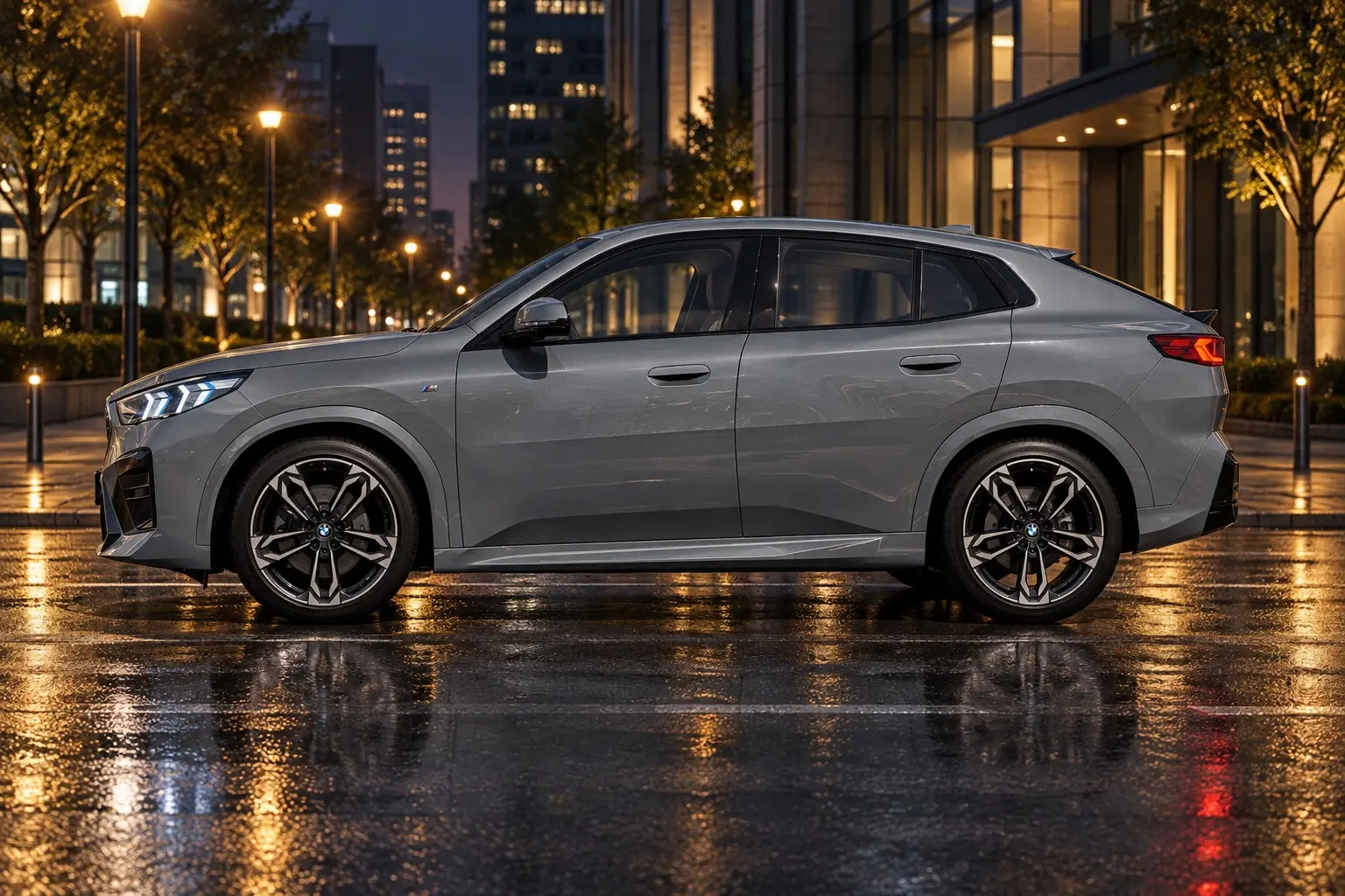 BMW X2（U10型）を真横から見た実車イラスト。スカイスクレイパー・グレーのボディ、後ろへなだらかに下がるルーフ、大径ホイール。夜の街、濡れた路面に街灯が映る