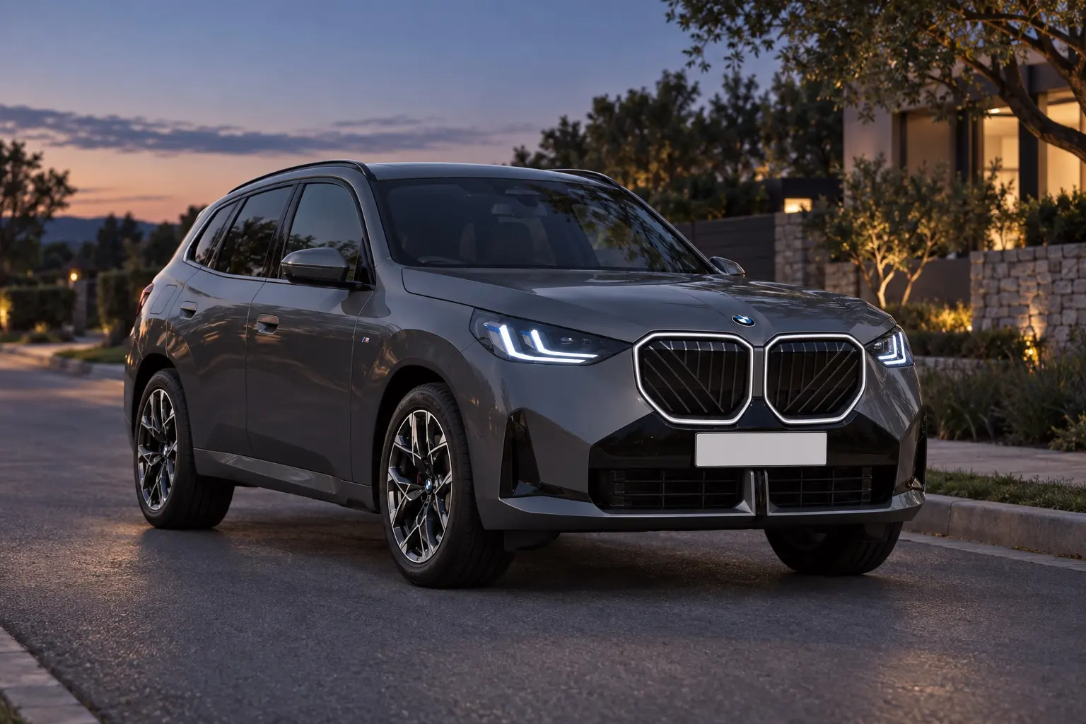 BMW X3（G45型）M Sportを斜め前から見た実車イラスト。濃いグレーのボディ、光る縁取りのある大きなキドニー・グリル、細いLEDヘッドライト、19インチのホイール。夕方の郊外の道