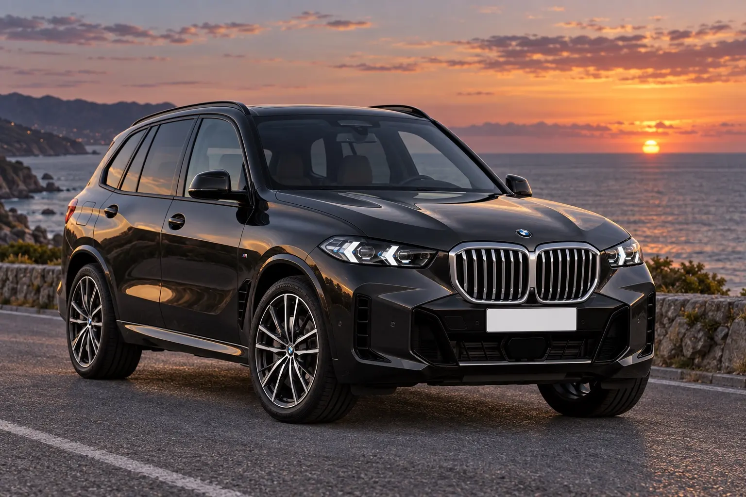 BMW X5（G05型）xDrive40dを斜め前から見た実車イラスト。黒のボディ、横に広いキドニー・グリル、細いヘッドライト、20インチのホイール。夕暮れの海沿いの道