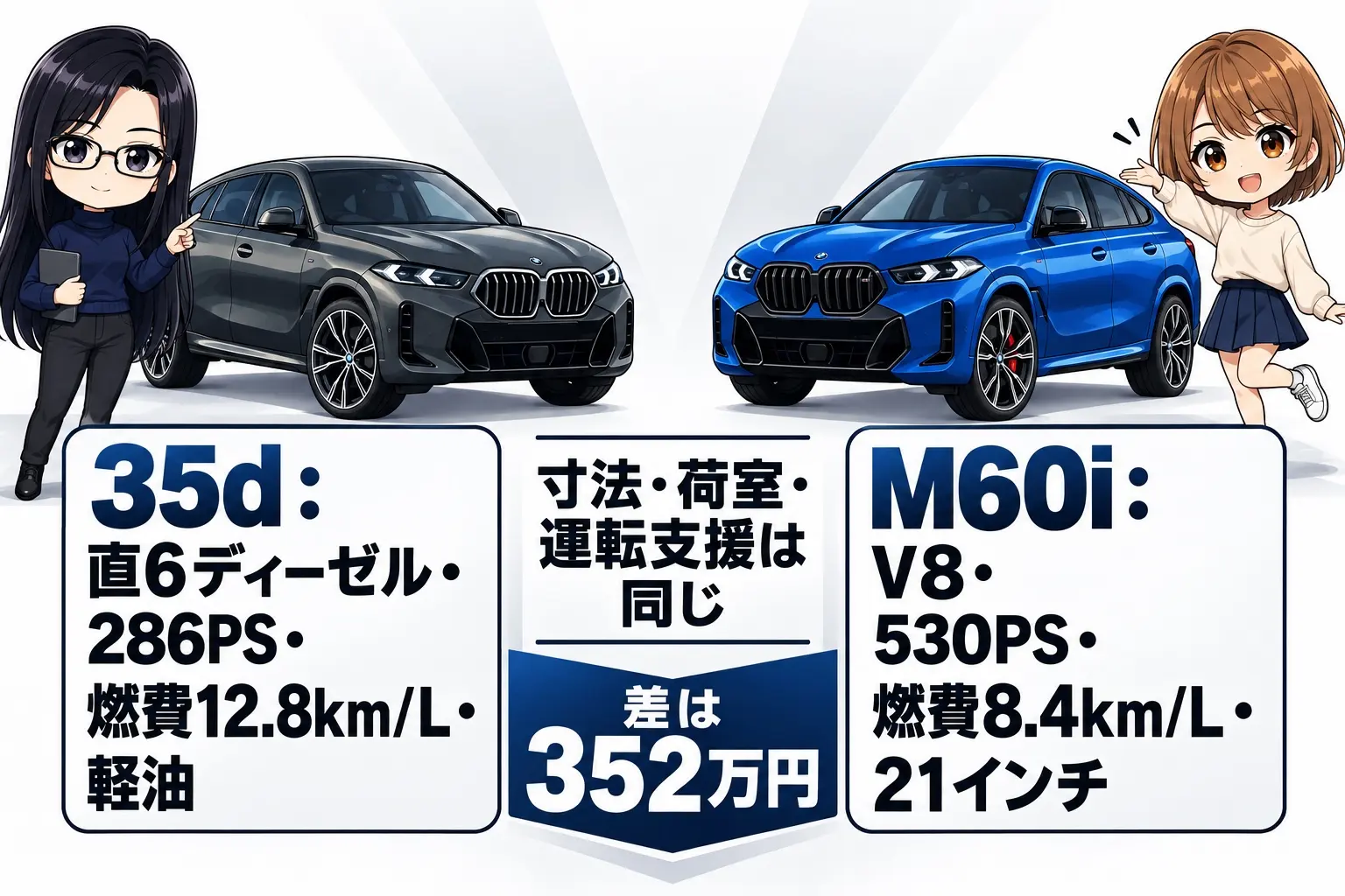 BMW X6のxDrive35dとM60iを比べた日本語の図解。左に「35d：直6ディーゼル・286PS・燃費12.8km/L・軽油」、右に「M60i：V8・530PS・燃費8.4km/L・21インチ」。中央に「寸法・荷室・運転支援は同じ」「差は352万円」。端に小さなキャラクター
