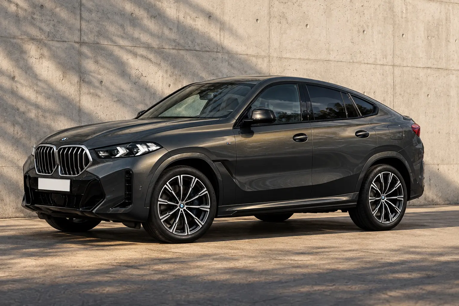 BMW X6（G06型）を横に近い斜め前から見た実車イラスト。ダークグレーのボディ、後ろへなだらかに下がるルーフ、大径ホイール。コンクリートの壁の前、斜めの日差し