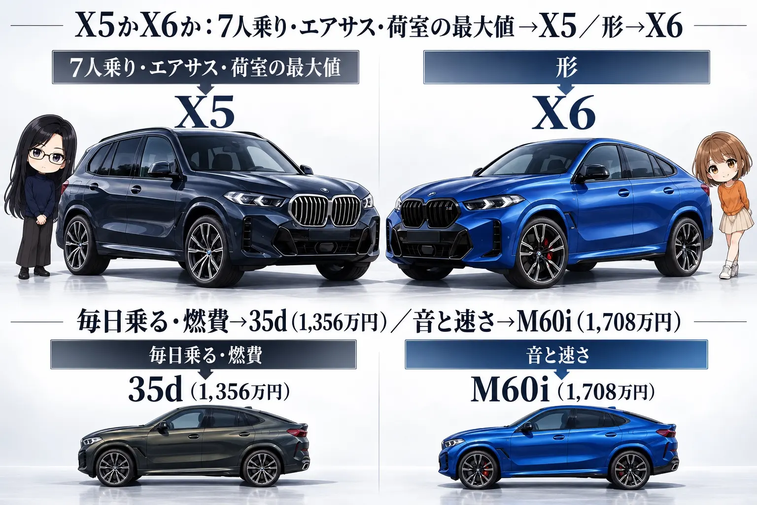 BMW X6の選び方を整理した日本語の図解。上段「X5かX6か：7人乗り・エアサス・荷室の最大値→X5／形→X6」、下段「毎日乗る・燃費→35d（1,356万円）／音と速さ→M60i（1,708万円）」。端に小さなキャラクター