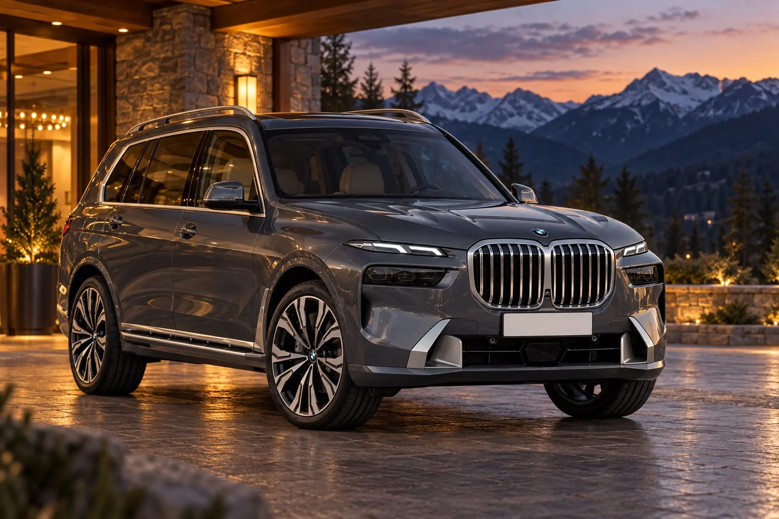 BMW X7（G07型）を斜め前から見た実車イラスト。深いグレーのボディ、大きなキドニー・グリル、上下2段に分かれた細いライト、21インチのホイール。高原のホテルの車寄せ、夕方