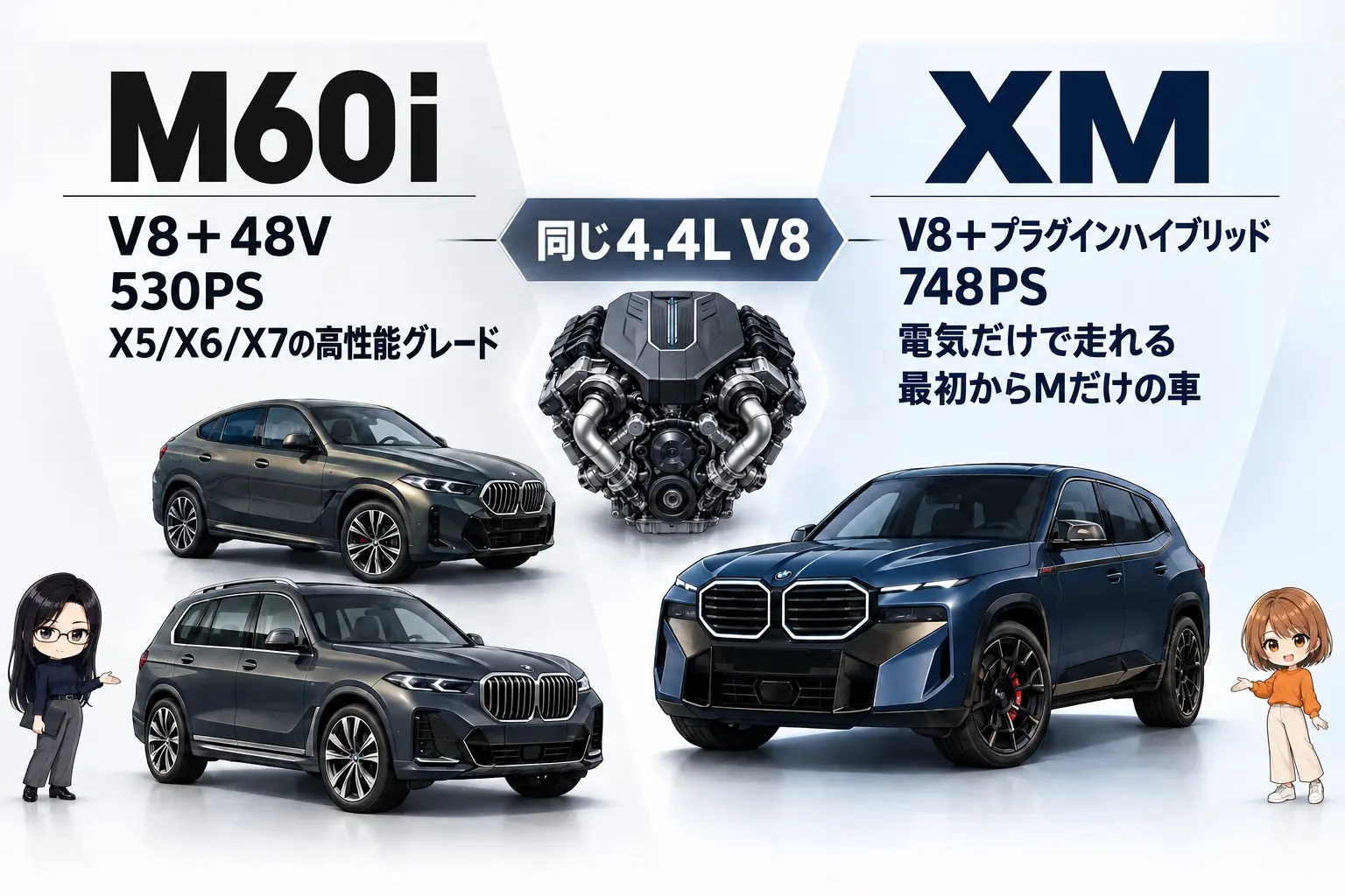 BMW XMとX6 M60i・X7 M60iの違いを整理した日本語の図解。左に「M60i：V8＋48V・530PS・X5/X6/X7の高性能グレード」、右に「XM：V8＋プラグインハイブリッド・748PS・電気だけで走れる・最初からMだけの車」。中央に「同じ4.4L V8」。端に小さなキャラクター