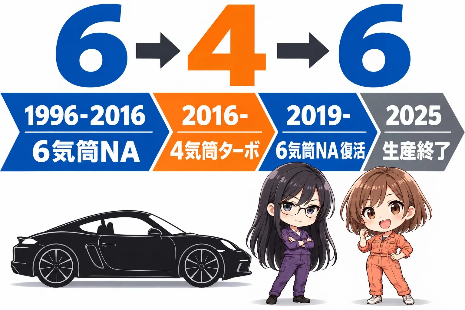 ポルシェ ボクスター／ケイマンの29年を気筒数で示した図解。左から右へ4つの区間。①1996〜2016年「6気筒NA」②2016年〜「4気筒ターボ」③2019年〜「4.0L 6気筒NA が一部復活」④2025年10月「生産終了」。端に小さなキャラクター