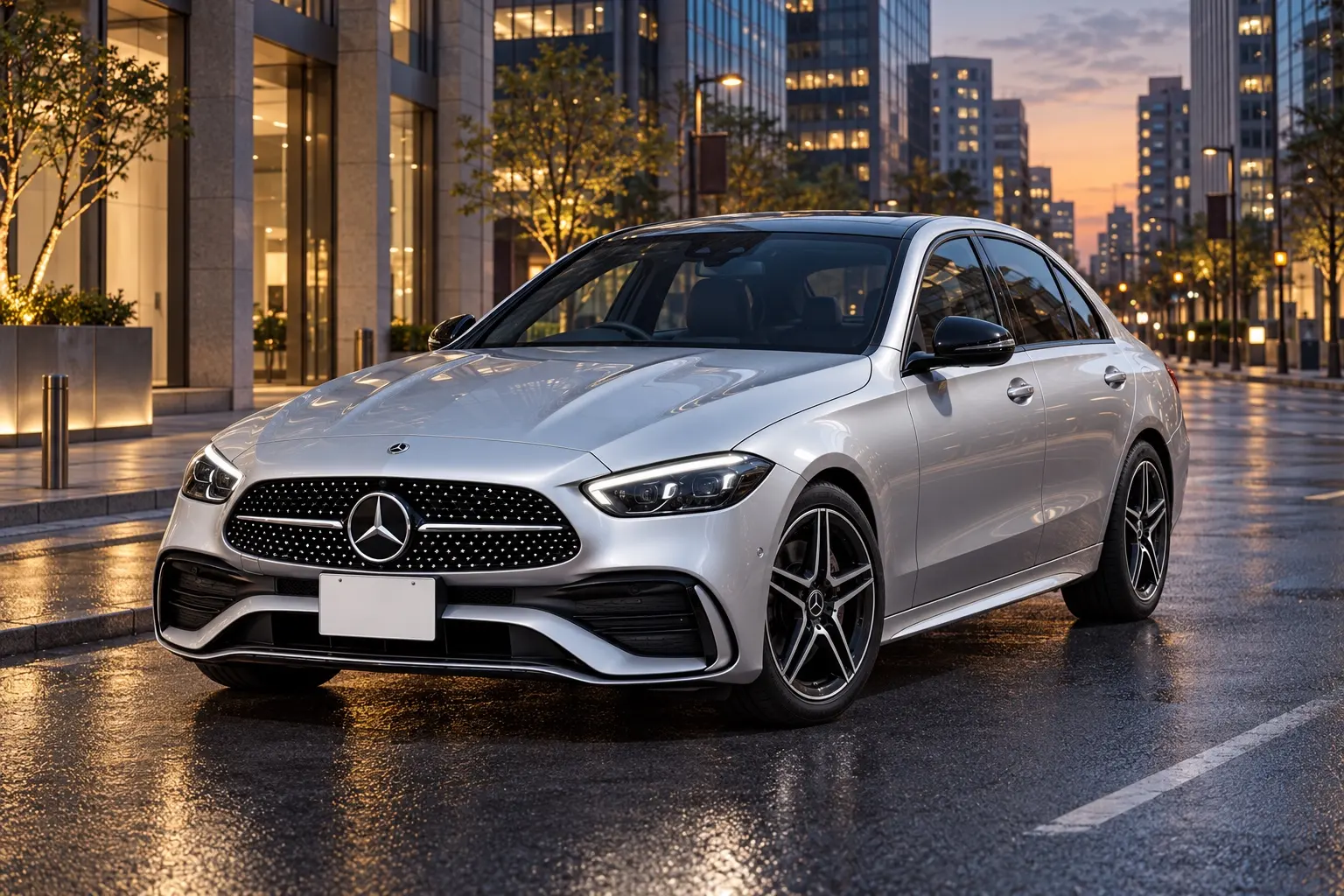 メルセデス・ベンツ Cクラス セダン C 200 Sportsを斜め前から見た実車イラスト。ハイテックシルバーのボディ、スターパターングリル、黒い差し色のナイトパッケージ、18インチのAMGホイール。夕暮れの都心の通り
