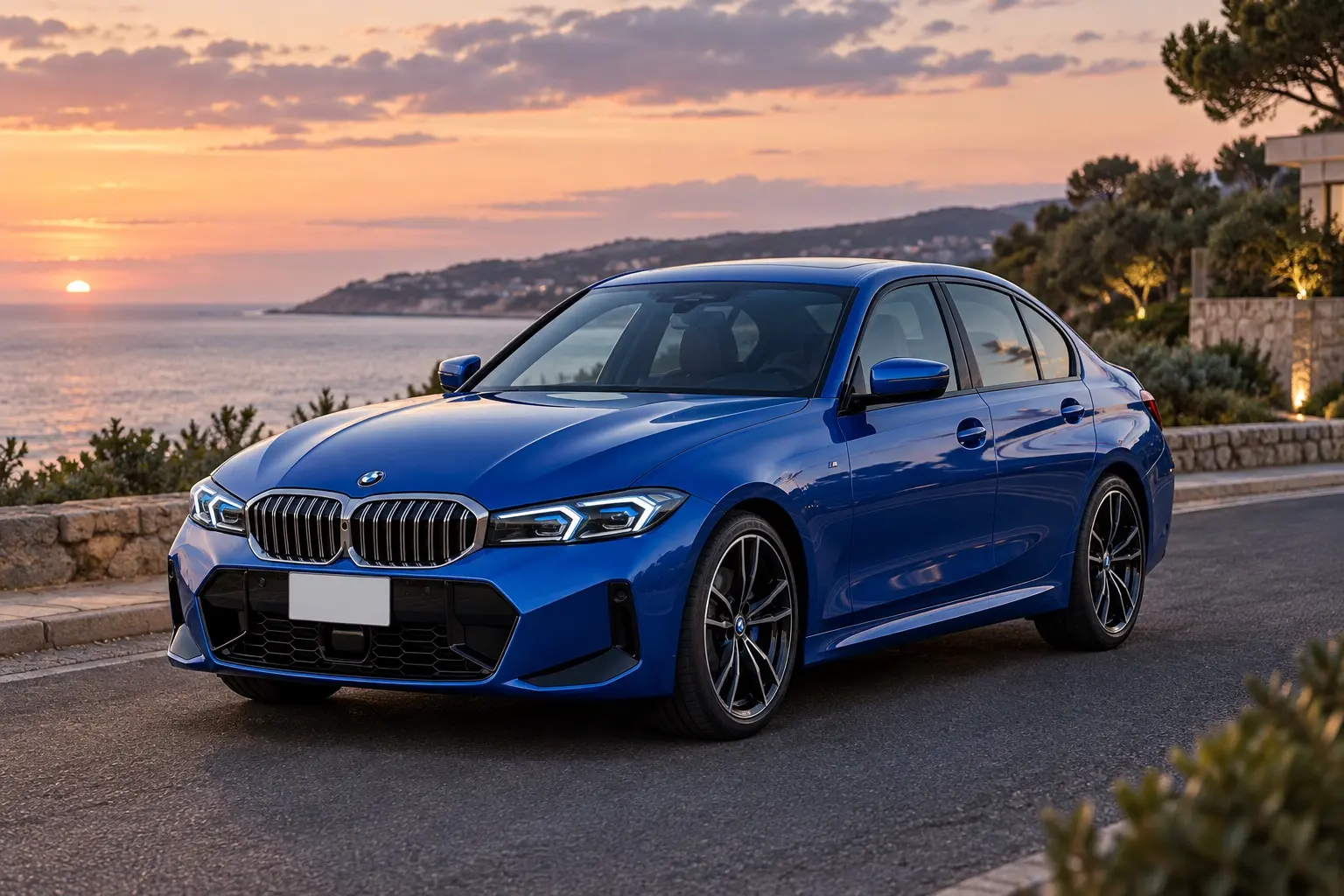 BMW 3シリーズ セダン 320i M Sportを斜め前から見た実車イラスト。Mポルティマオ・ブルーのボディ、縦長のキドニーグリル、細くシャープなLEDヘッドライト、Mスポーツの前バンパー。夕方の郊外の海沿いの道