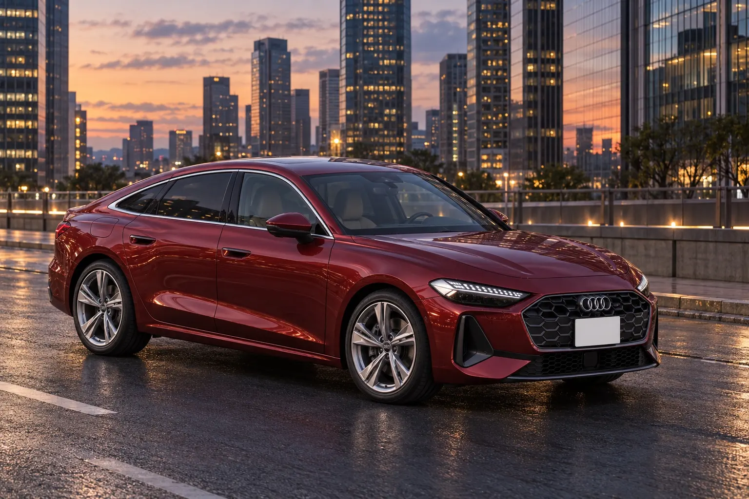 アウディ A5（日本ではセダンと呼ぶ）を斜め前から見た実車イラスト。グレナデンレッドのボディ、横長の八角形のシングルフレームグリル、細く鋭いLEDヘッドライト、なだらかに下がるルーフ。夕方の高層ビルの谷間の道