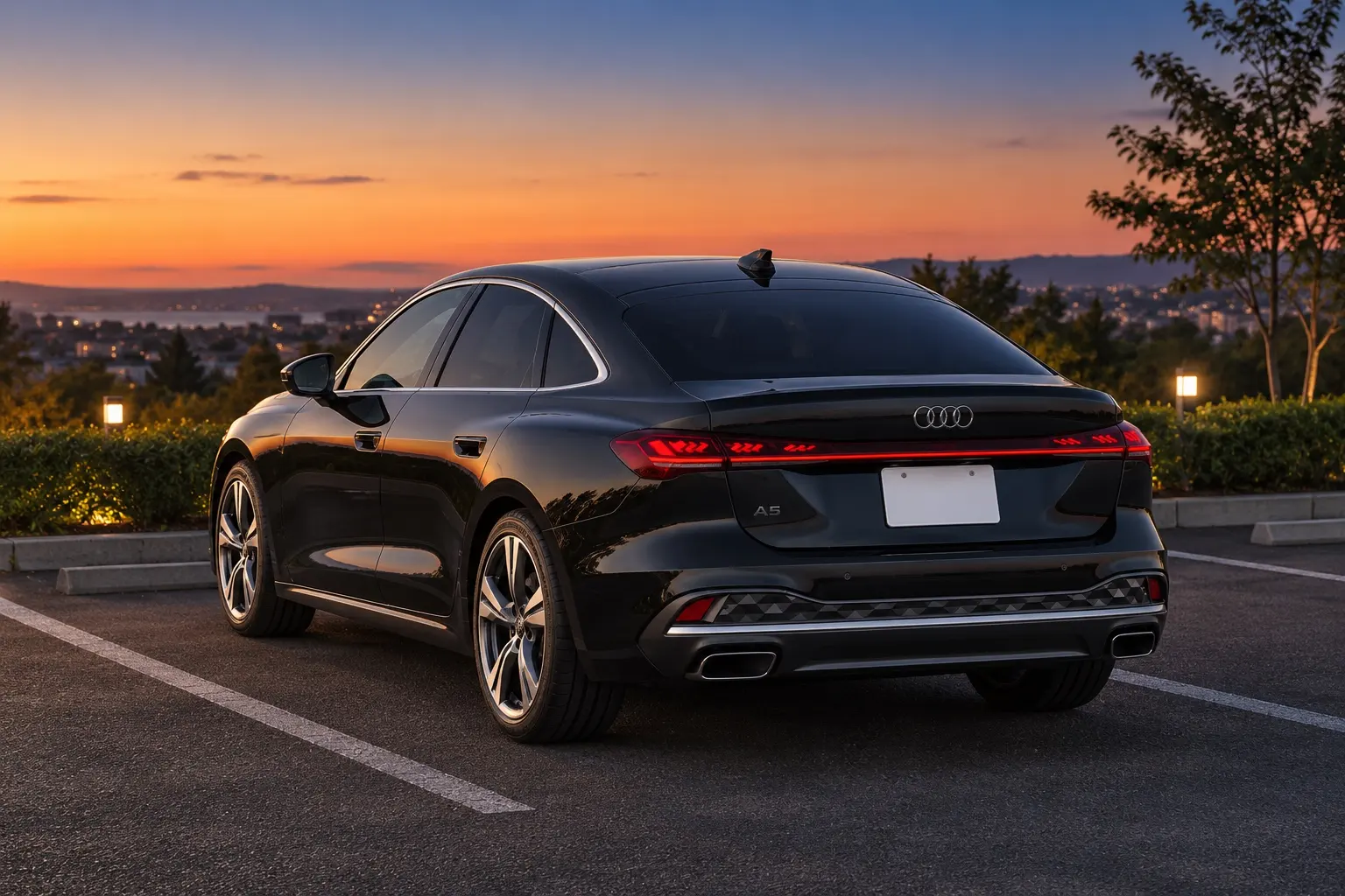 アウディ A5のセダンを斜め後ろから見た実車イラスト。ミトスブラックのボディ、左右をつなぐ細いLEDテールランプ、リヤウインドーとトランクがひとつにつながった後ろ姿。夕方の郊外の駐車場