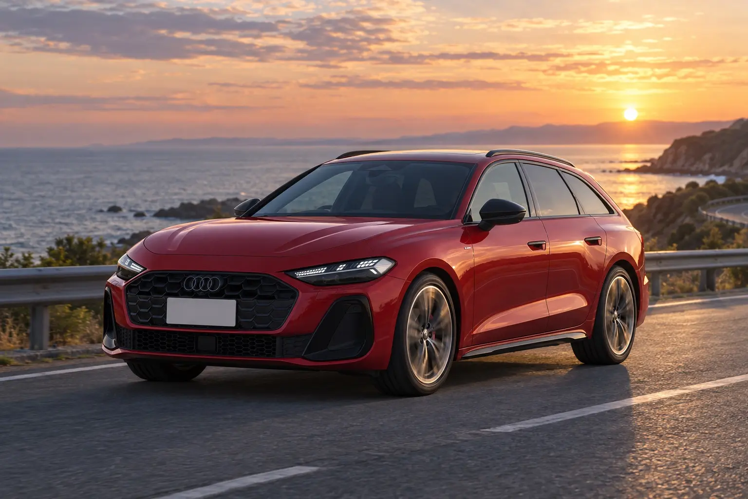 アウディ A5 Avant TDI quattro 150kWを斜め前から見た実車イラスト。グレナデンレッドのボディ、横長の八角形のシングルフレームグリル、細いLEDヘッドライト、長く伸びるルーフとルーフレール。夕方の海沿いの道