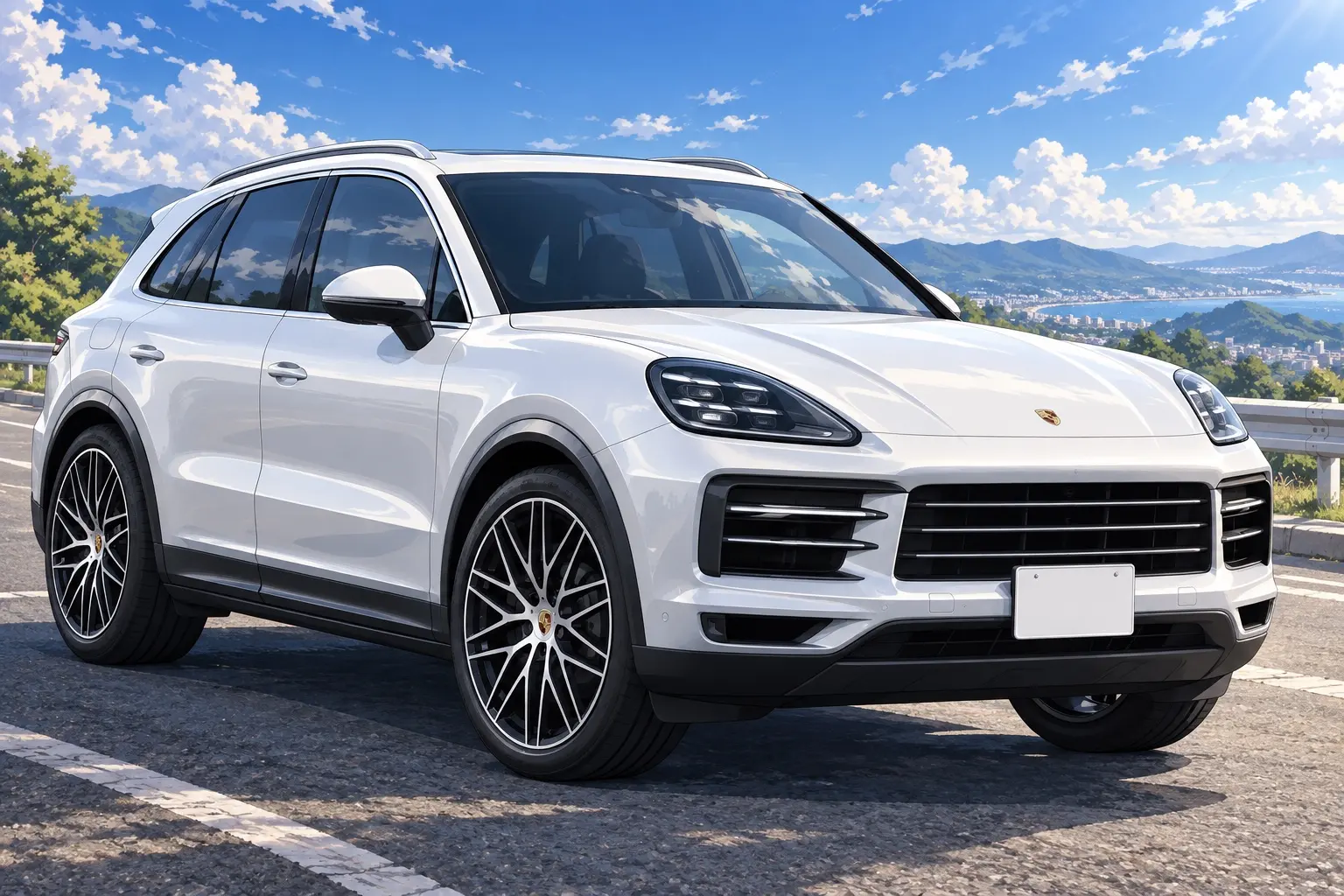 ポルシェ カイエンを斜め前から見たカット。全長4,930mmの大型SUV、ワイドなフロントまわり