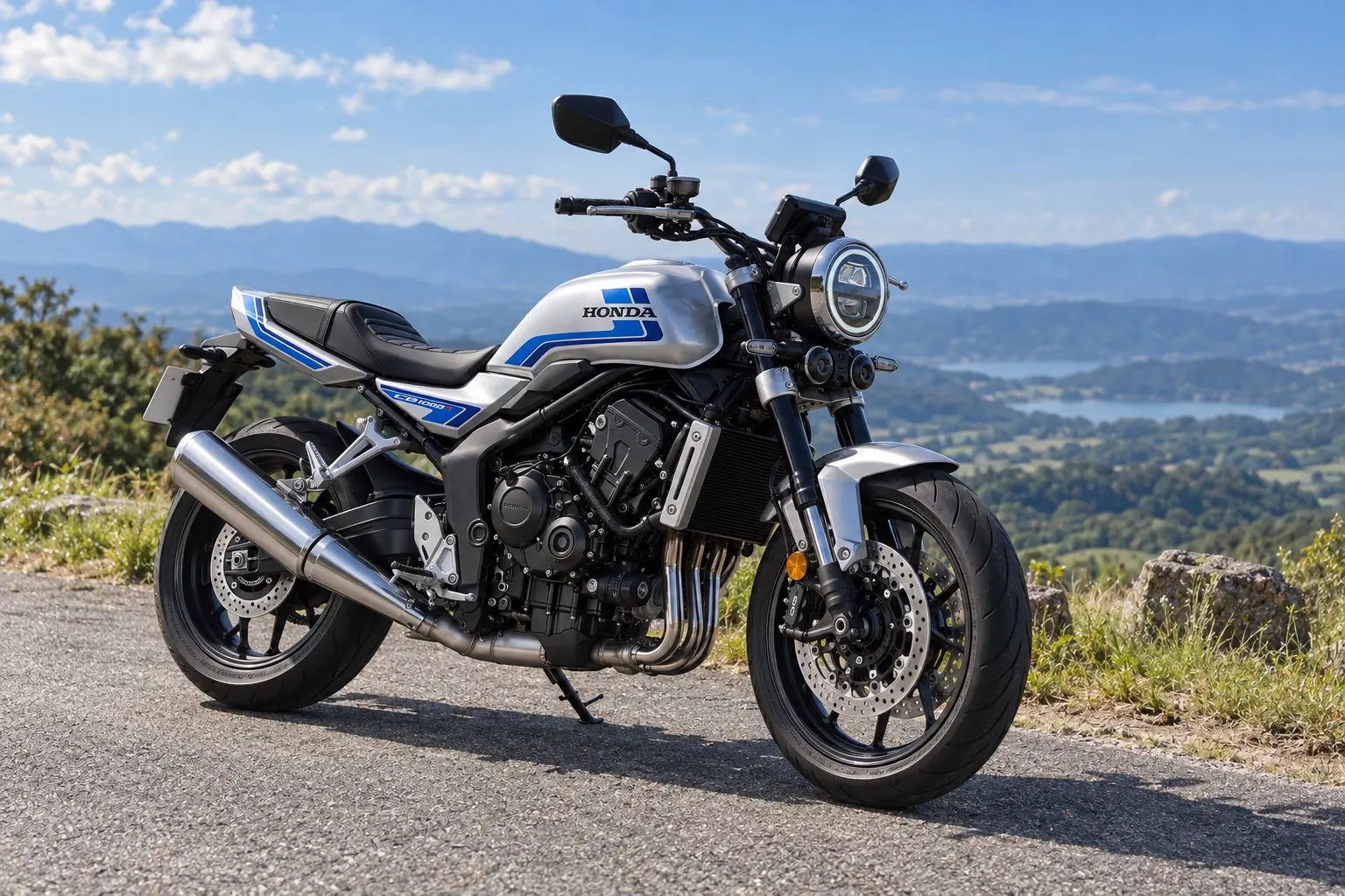 ホンダ CB1000Fを斜め前から見たカット。銀のタンクに青いストライプ、丸いヘッドライト、黒い4気筒エンジン、角の取れた長いシート