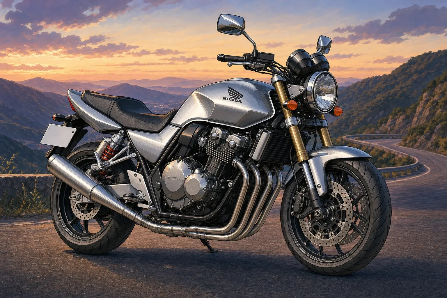 シルバーのホンダ CB400 SUPER FOURを斜め前から捉えた外観カット。カウルの無いネイキッドで、直列4気筒エンジンとマフラーが分かる