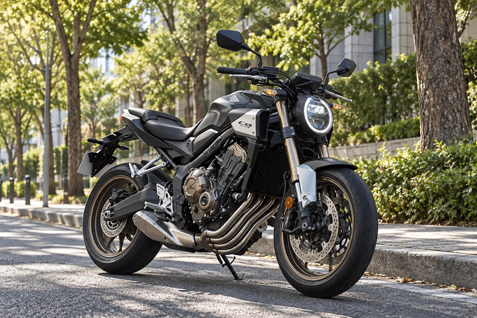 ホンダ CB650Rを斜め前から見たカット。グレーのタンク、丸いLEDヘッドライト、むき出しの4気筒エンジンと4本の排気管、短いテール