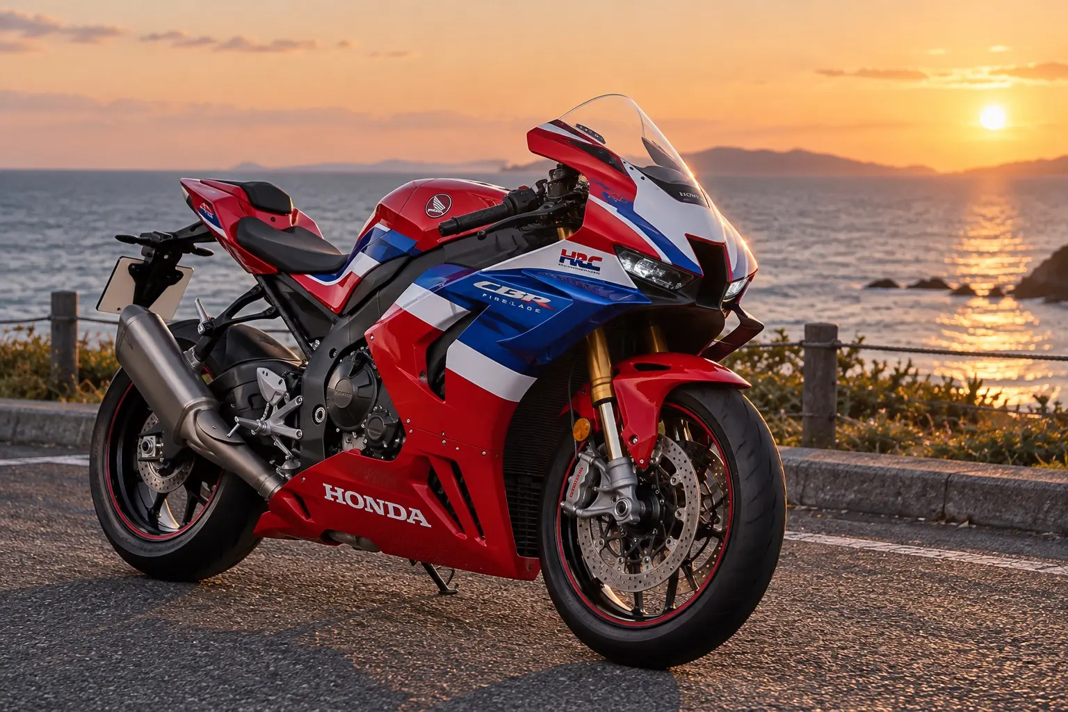 ホンダ CBR1000RR-R FIREBLADE SPを斜め前から見たカット。赤・白・青のトリコロールのフルカウル、細いLEDヘッドライト、カウル横のウイングレット、金色のフロントフォーク、セパレートハンドル