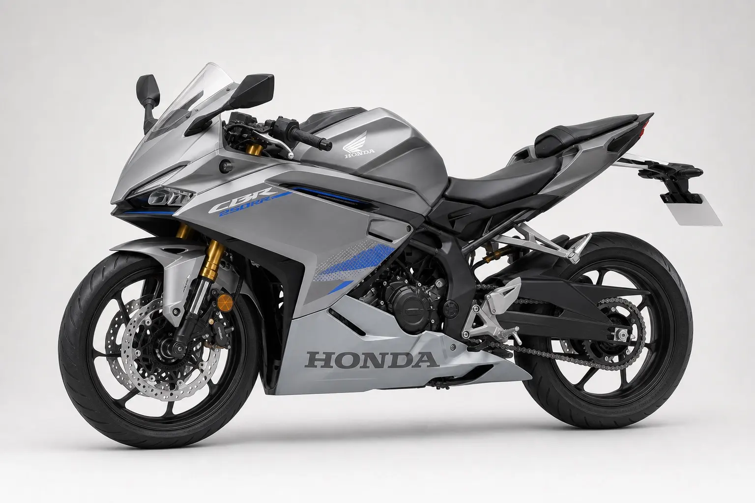 ホンダ CBR250RRを真横から見たイラスト。フルカウルのスーパースポーツで、金色の倒立フロントフォークとラジアルタイヤを装着している
