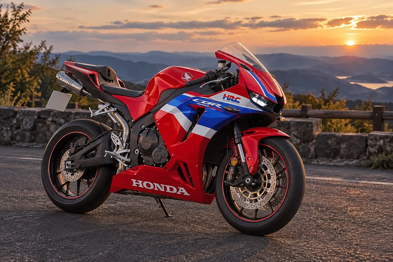ホンダ CBR600RRを斜め前から見たカット。赤・白・青のトリコロールのフルカウル、細いLEDヘッドライト、カウル横のウイングレット、セパレートハンドル、テールの下に跳ね上がったマフラー