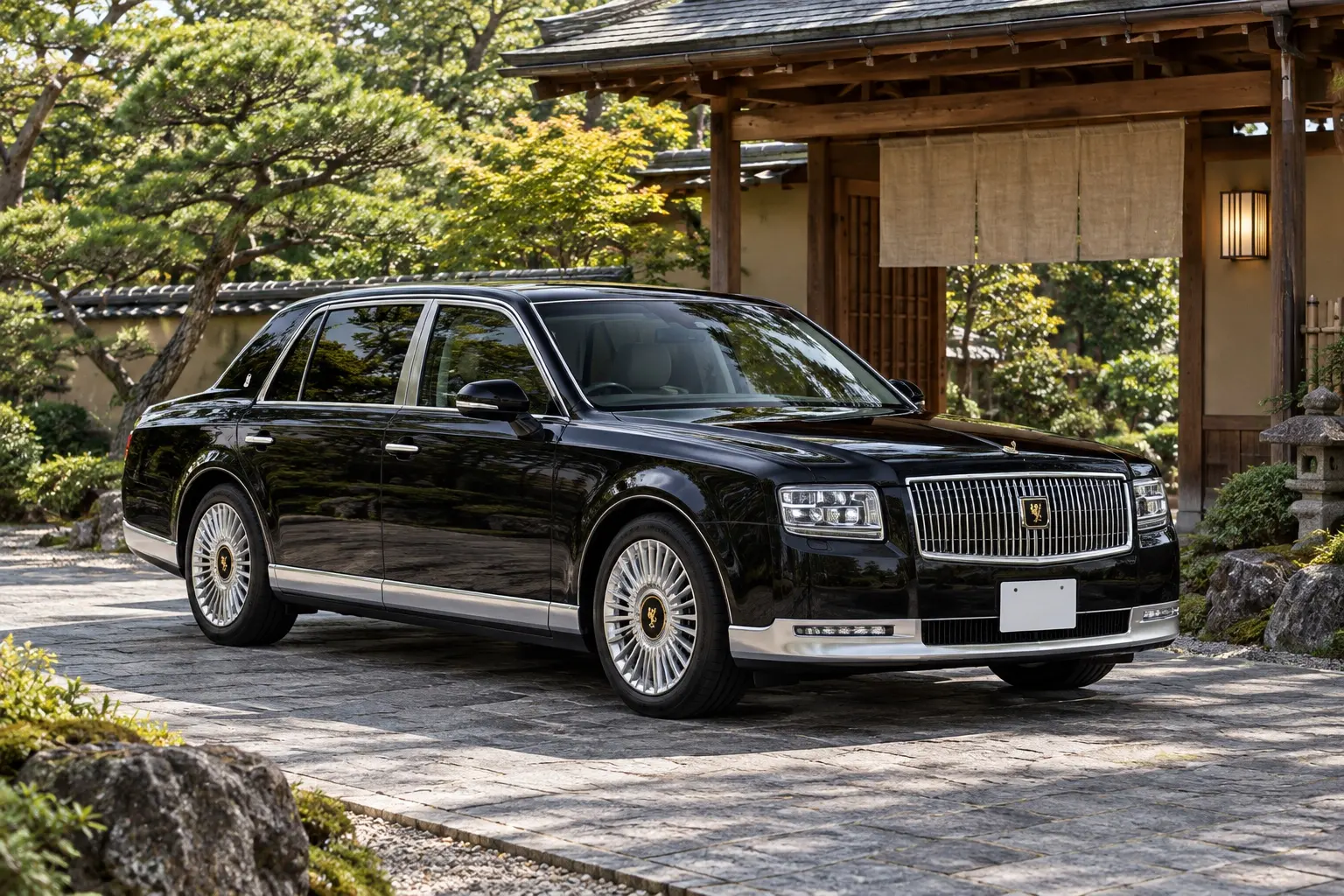 トヨタ センチュリー(セダン、2026年モデル)の斜め前からの外観。ボディカラーは神威エターナルブラック。日本庭園のある料亭の玄関前、晴れた午前の光