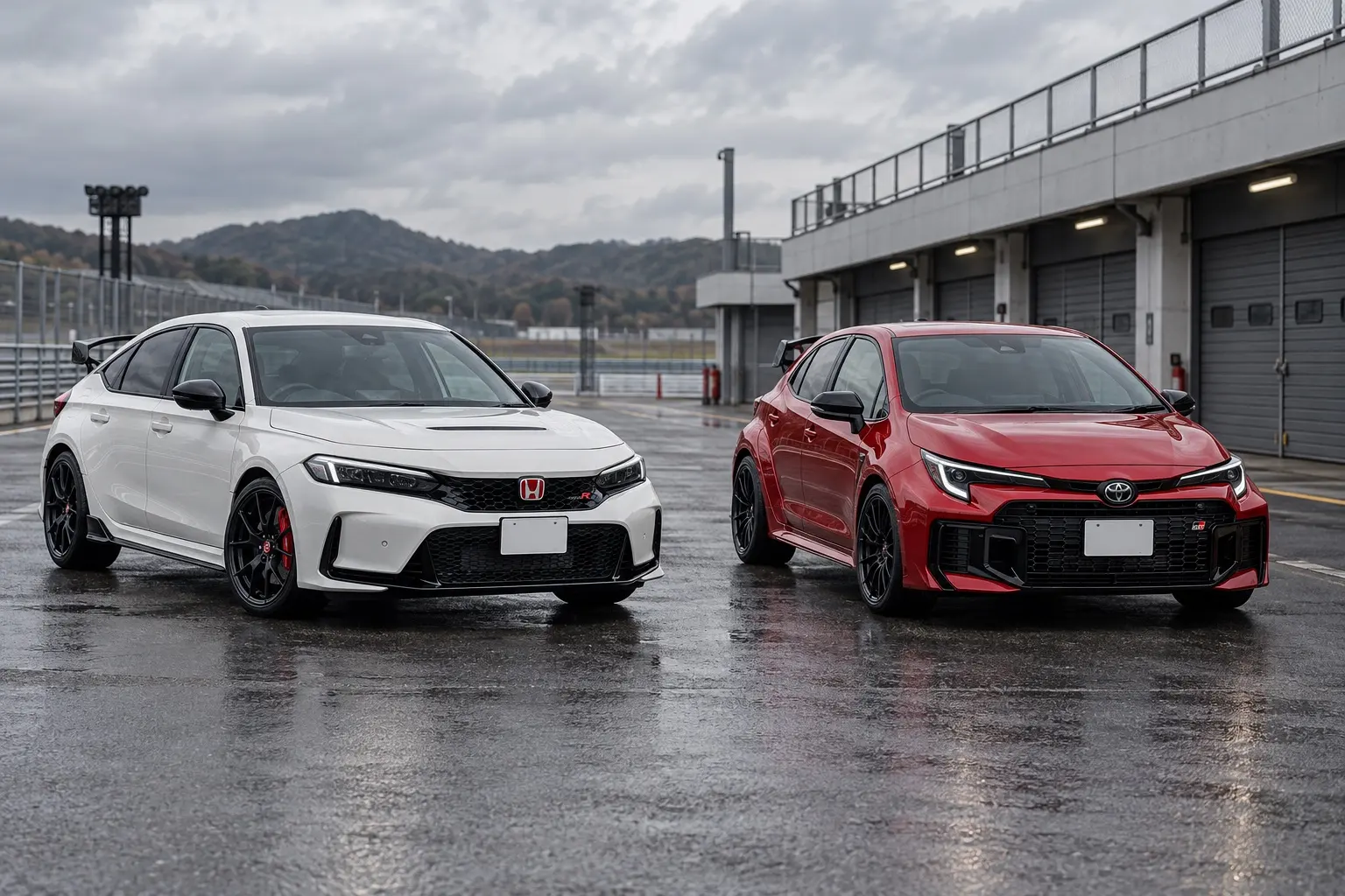 ホンダ シビック タイプR(チャンピオンシップホワイト)とトヨタ GRカローラ(エモーショナルレッドⅡ)を左右に並べた斜め前からの外観。タイプRのワイドなフェンダーと大きなウイング、GRカローラの張り出したフェンダーと3本出しマフラーが分かるカット。サーキットのパドック