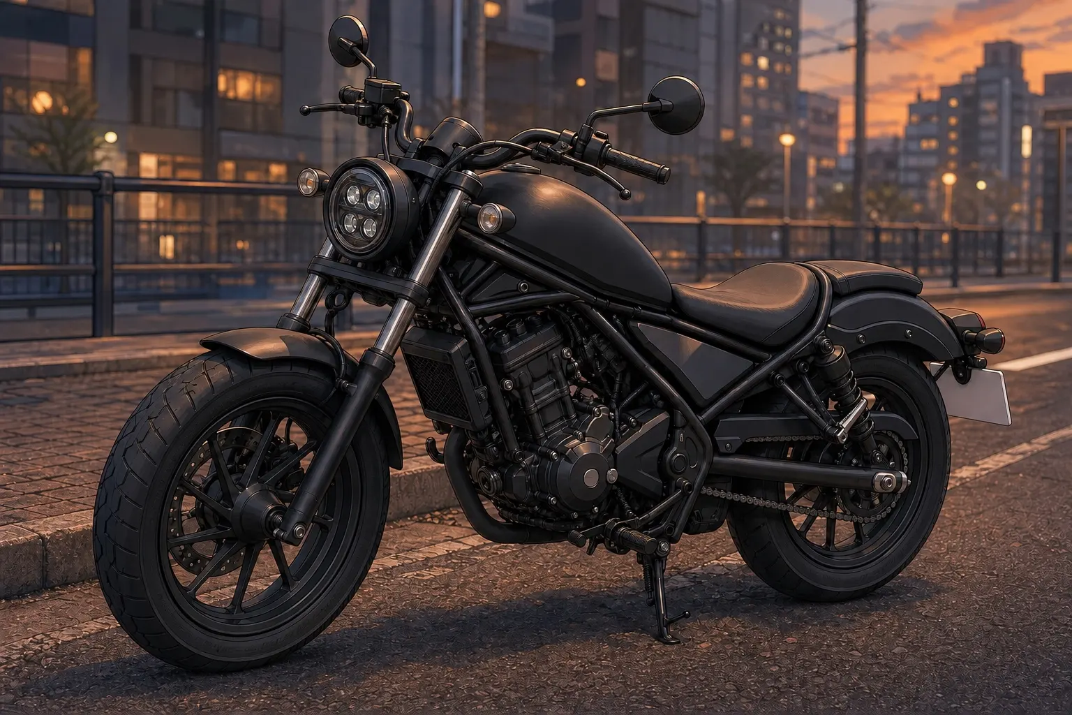 ホンダ レブル250を斜め前から見たカット。黒い車体、低く長いシート、丸いヘッドライト、太いタイヤ