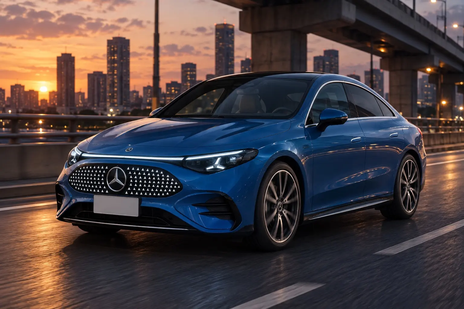 メルセデス・ベンツ CLA 200 with EQ Technologyを斜め前から見た実車イラスト。クリアブルーのボディ、光るスター模様のグリル、細いLEDヘッドライト、低く流れるルーフ。夕暮れの都心の高架沿いの道