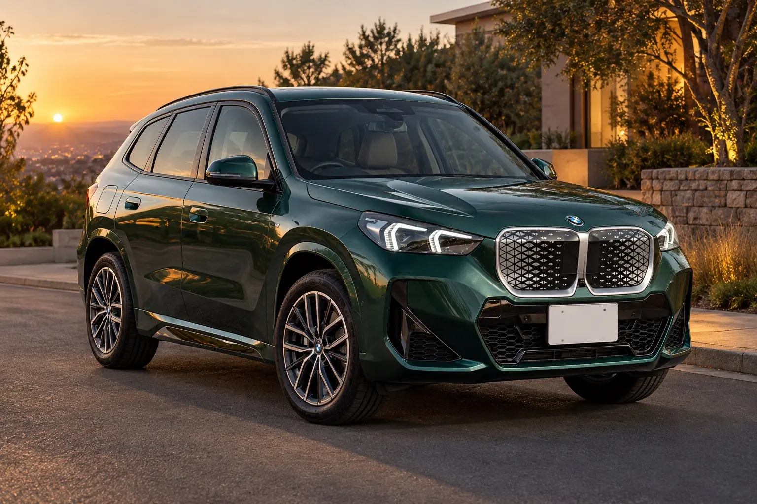 BMW iX1 eDrive20 M Sportを斜め前から見た実車イラスト。ケープ・ヨーク・グリーンのボディ、大きなキドニーグリル、細いLEDヘッドライト、Mスポーツの前バンパー。夕方の郊外の住宅街
