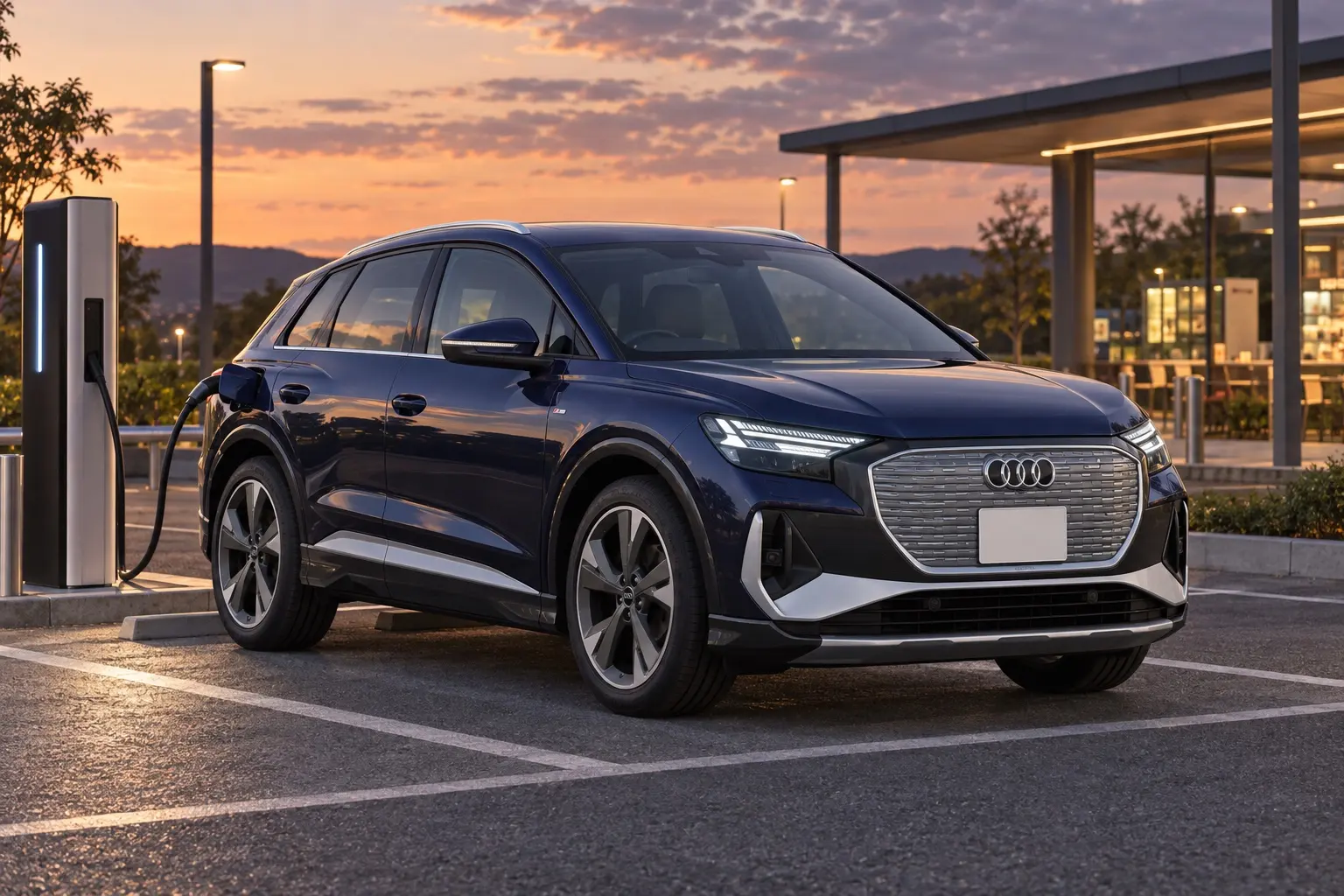 アウディ Q4 45 e-tron advancedを斜め前から見た実車イラスト。ナバーラブルーのボディ、閉じたシングルフレームグリル、細いLEDヘッドライト。夕方の高速道路のサービスエリアの充電スペース