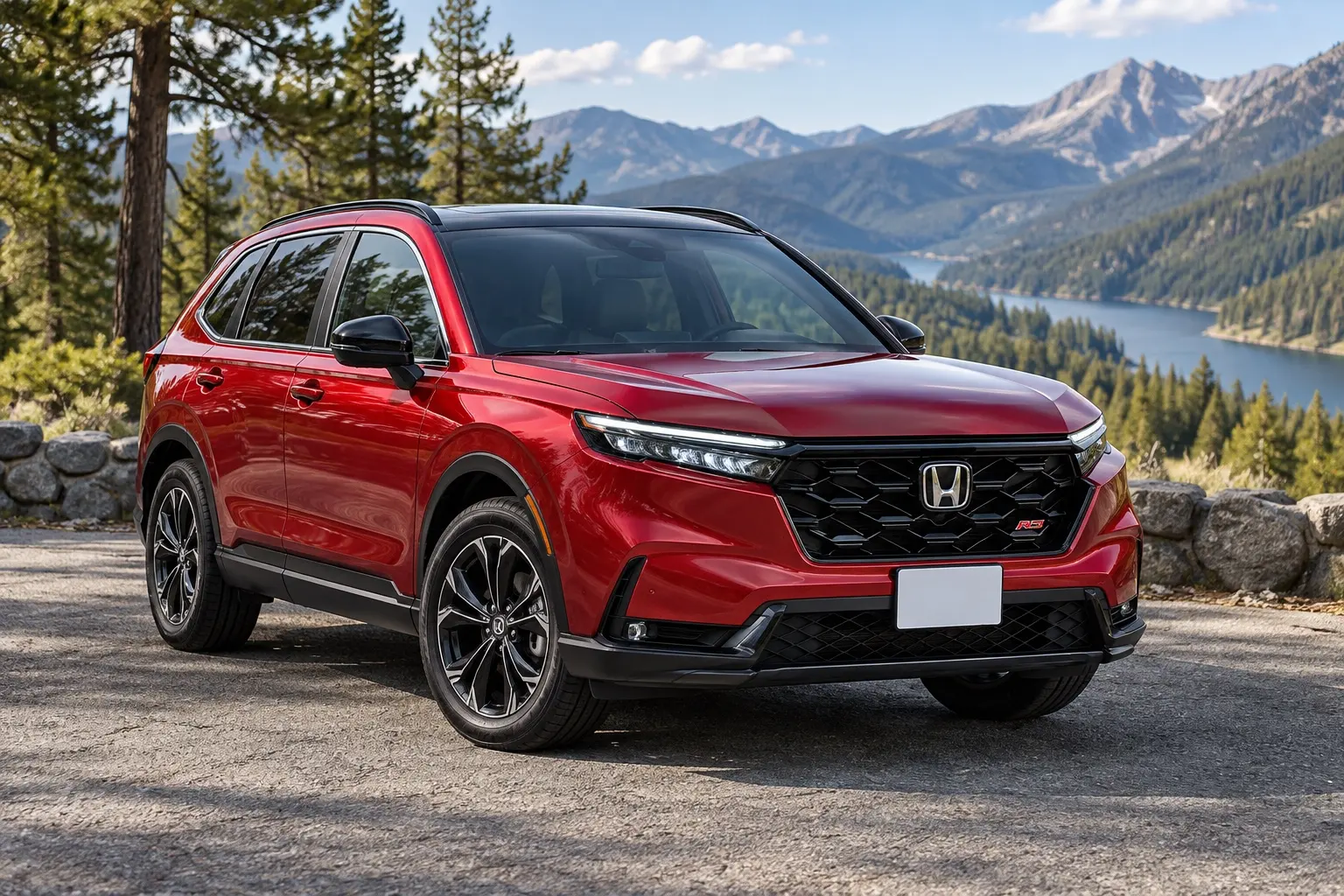 ホンダ CR-V e:HEV RSの斜め前からの外観。横長の細いLEDヘッドライト、太く立ったグリル、19インチのアルミホイール。ボディカラーはブレイジングレッド・パール。山あいの道の駐車スペースに停まっている