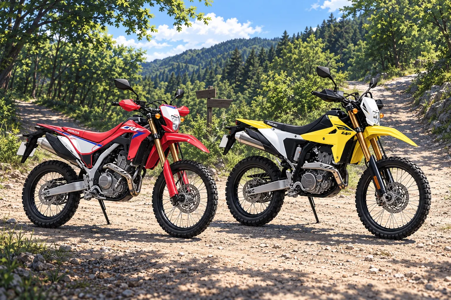 ホンダ CRF250L（赤）とスズキ DR-Z4S（黄）を並べた斜め前からのカット。どちらもオフロードバイクで、前21インチ・後18インチ