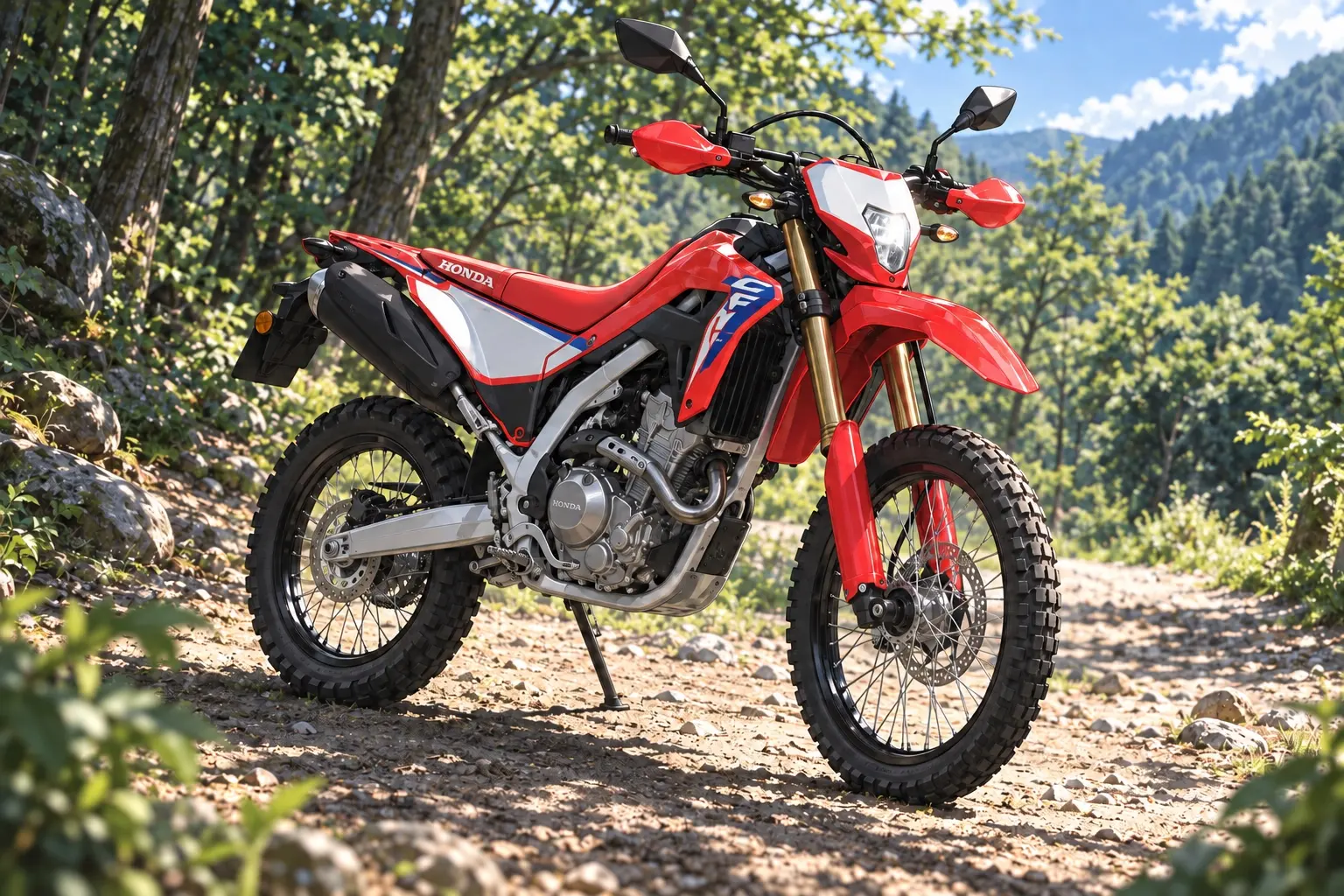 ホンダ CRF250 RALLYを斜め前から見たカット。エクストリームレッドの車体、左右非対称の二眼LEDヘッドライト、大型スクリーン
