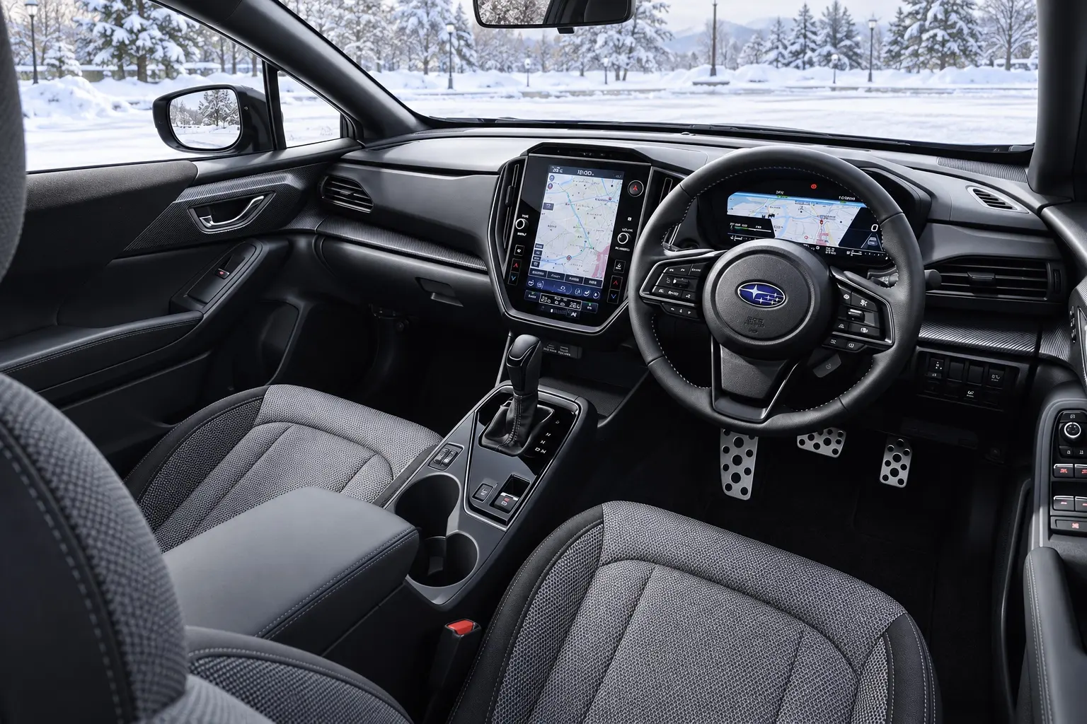スバル クロストレック Premium S:HEV EX(2026年改良後)の運転席まわり。縦型の11.6インチセンターディスプレイ、12.3インチのフル液晶メーター、本革巻きステアリング。黒基調の内装