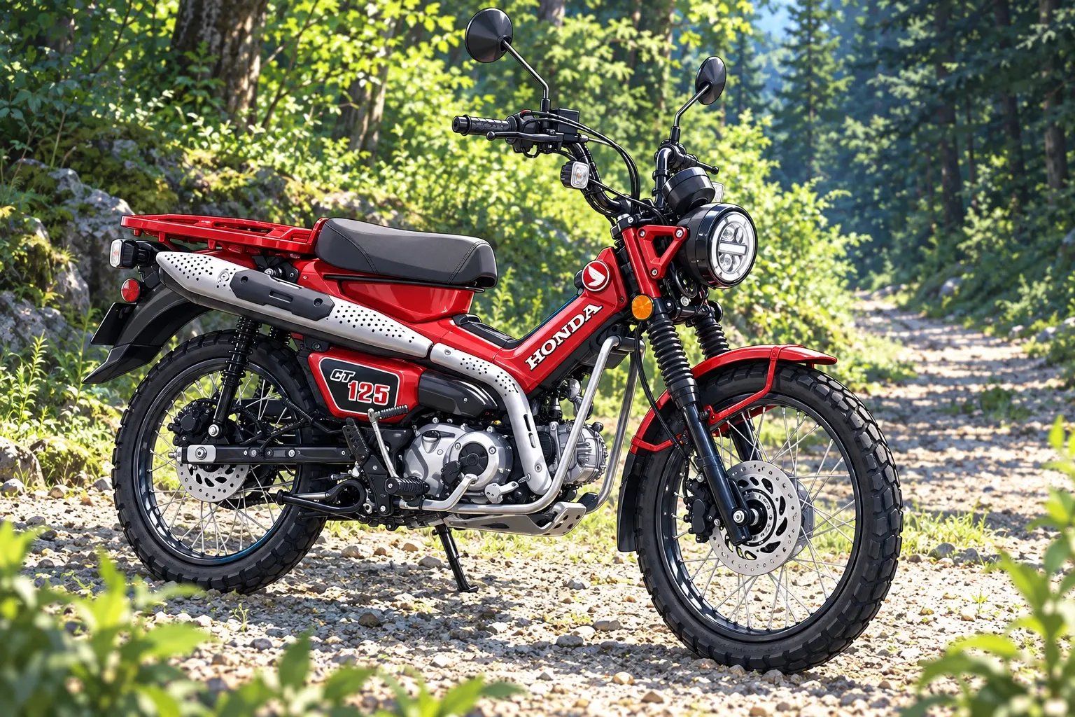 ホンダ CT125・ハンターカブを斜め前から見たカット。グローイングレッドのボディ、アップマフラー、大型リアキャリア