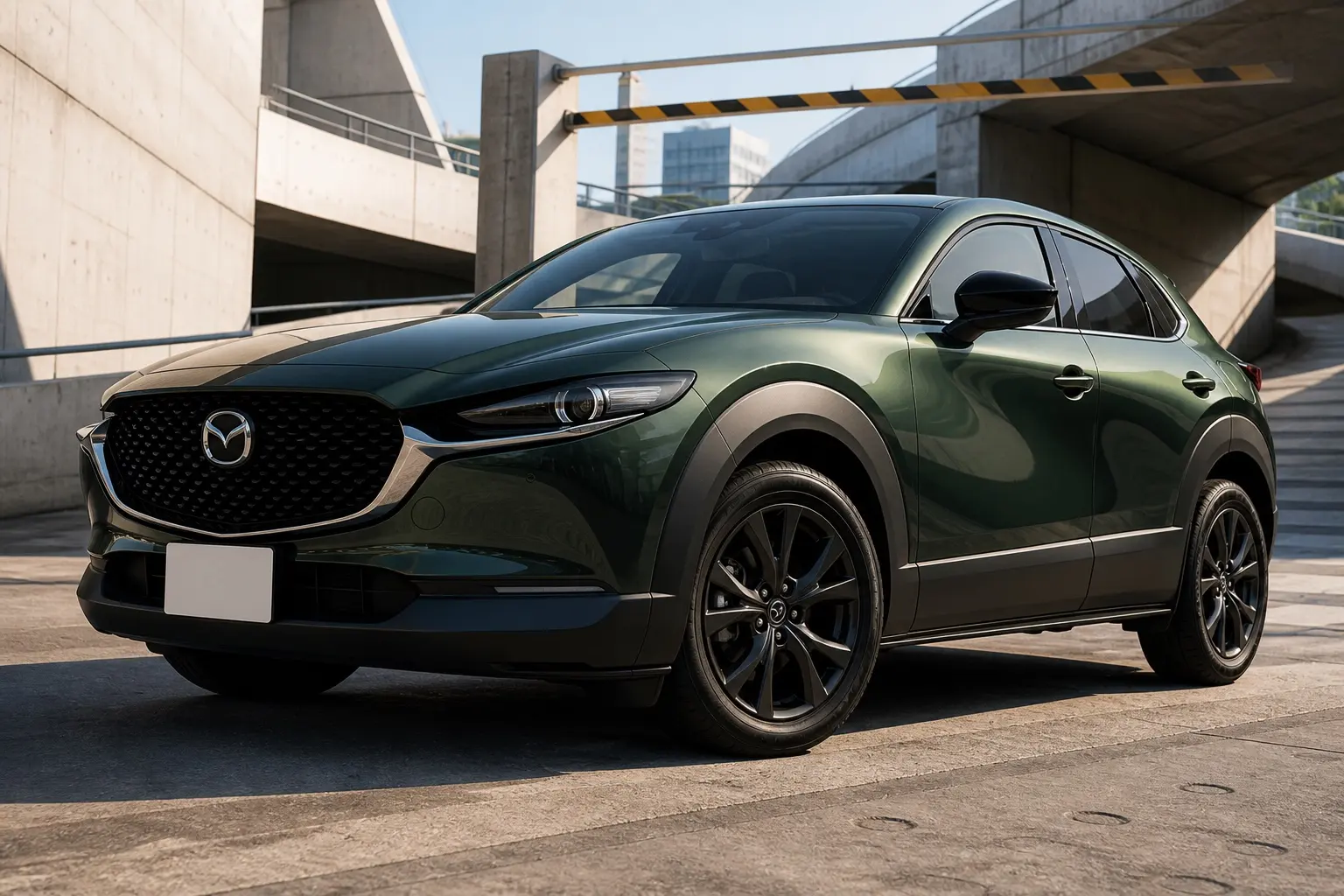 マツダ CX-30の斜め前からの外観。ジンクグリーンメタリック。都市の立体駐車場のいちばん安いグレード付近、午後の光