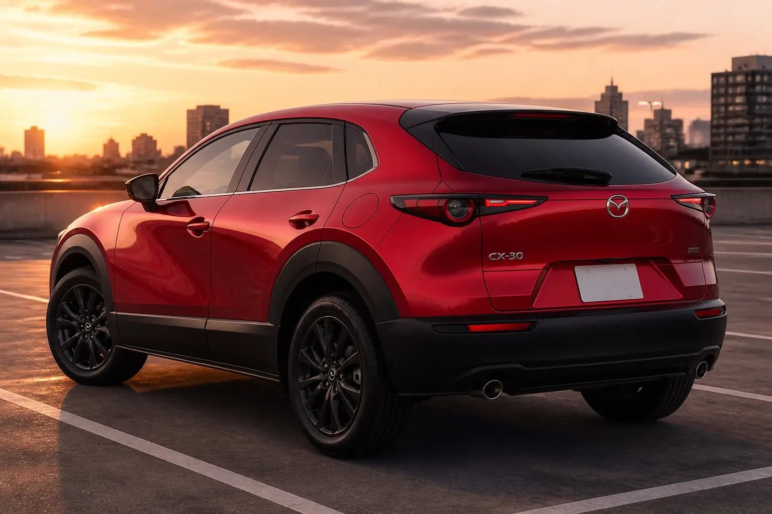 マツダ CX-30の斜め後ろからの外観。ソウルレッドクリスタルメタリック。テールゲートを開けた状態は不要。街の駐車場、夕方
