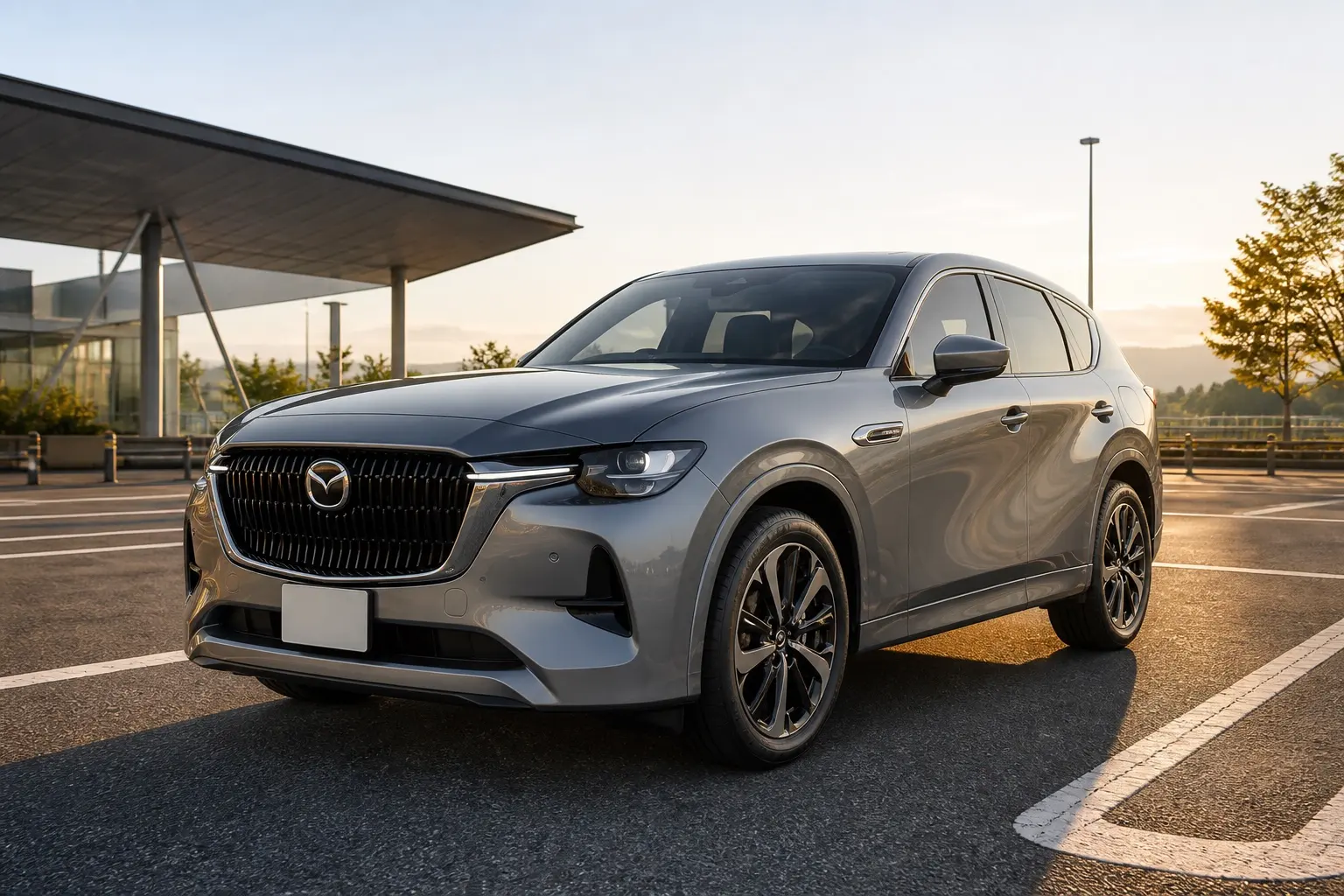 マツダ CX-60の斜め前からの外観。ポリメタルグレーメタリック。高速道路のサービスエリア、朝