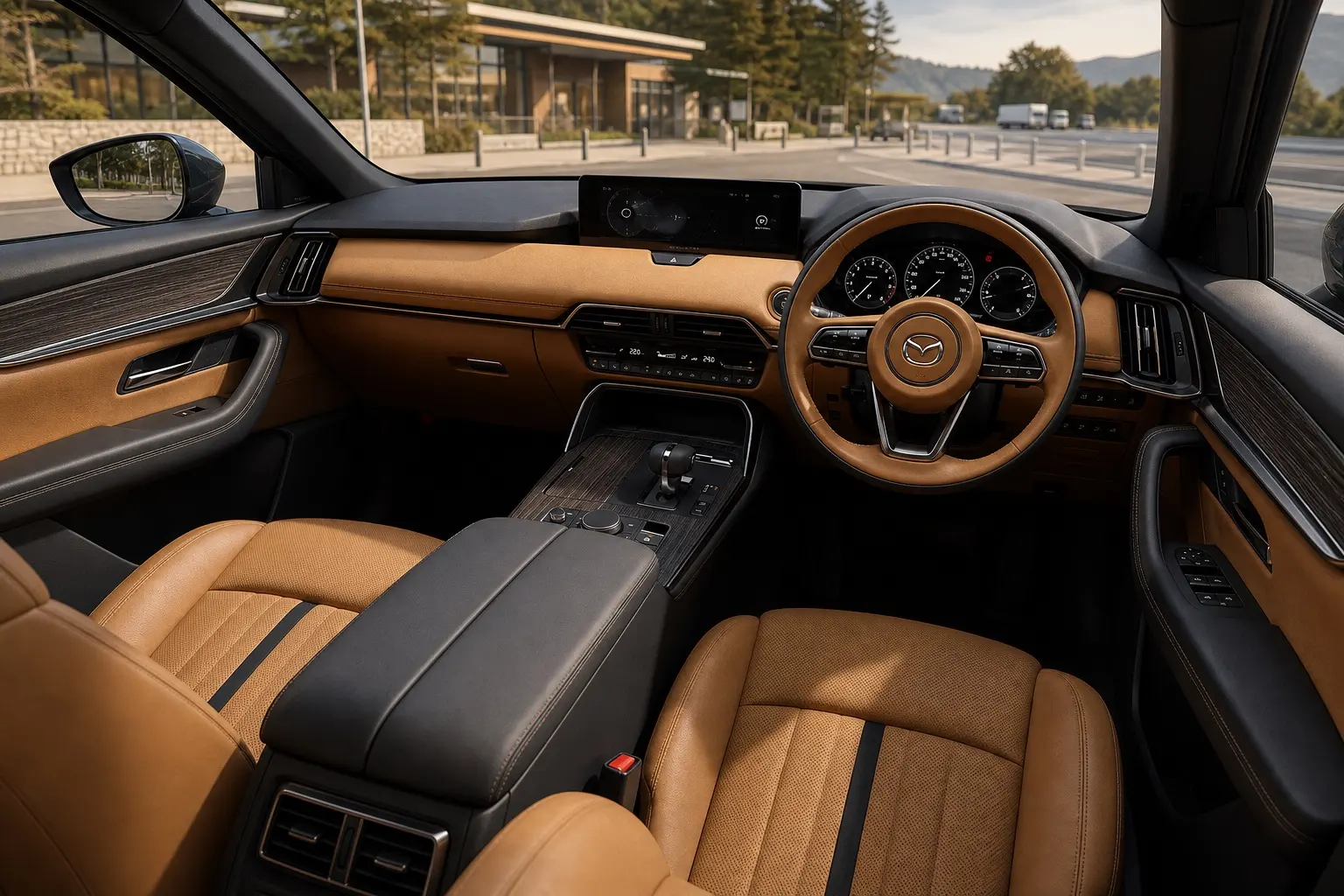 マツダ CX-60の運転席まわりのインテリア。タンのナッパレザー。ステアリング、シフト、12.3インチのセンターディスプレイが見える
