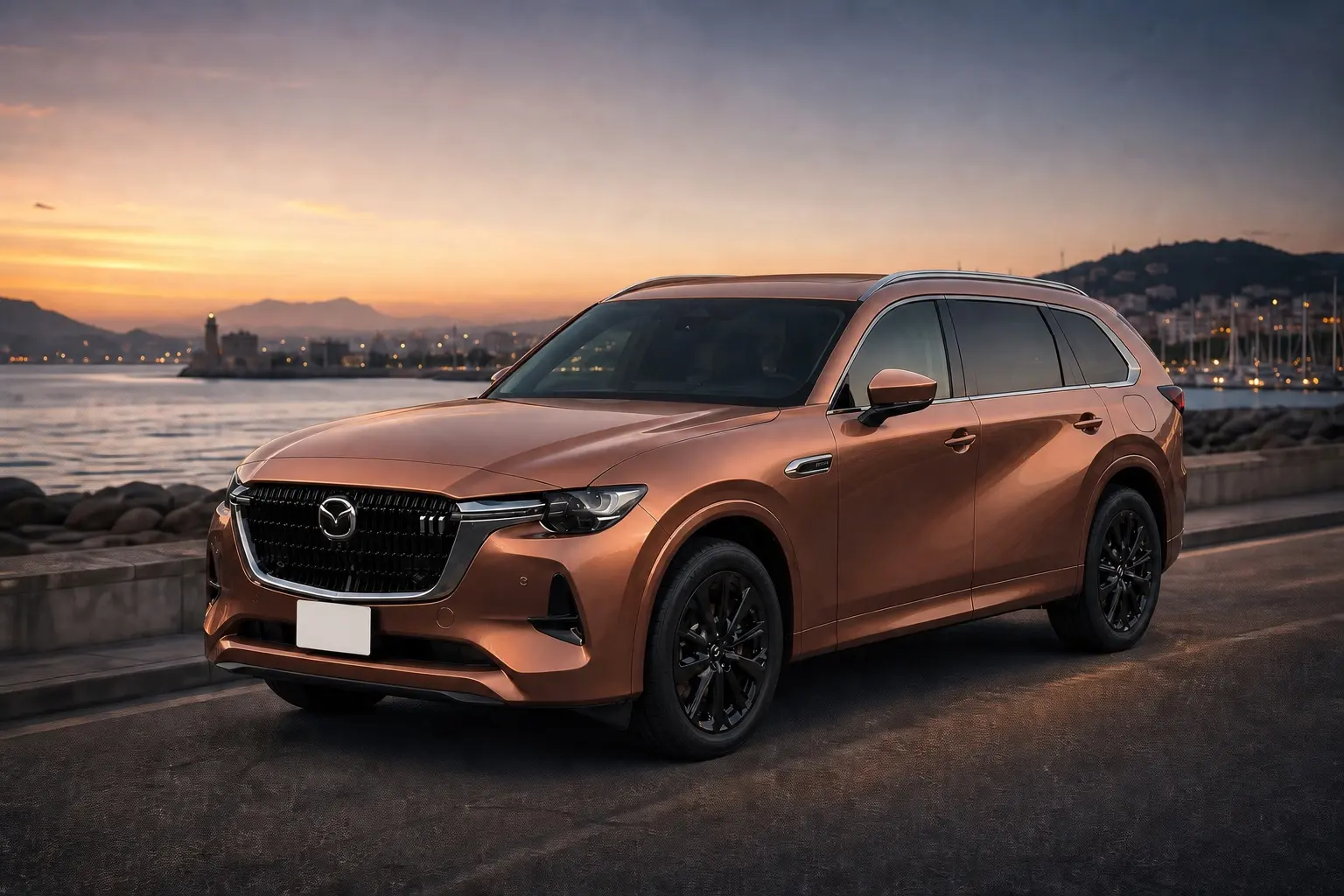 マツダ CX-80 XD Premium Sportsの斜め前からの外観。メルティングカッパーメタリック。夕方の湾岸道路沿いを背景に