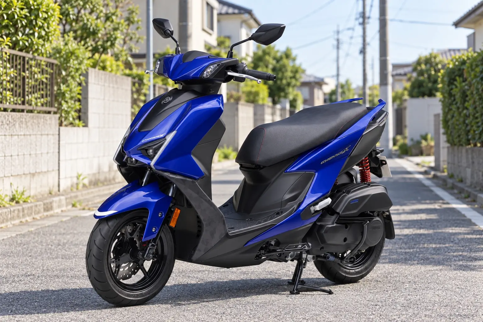 ヤマハ シグナス Xを斜め前から見たカット。濃いブルーの車体、シャープなLEDヘッドライト、平らな足元、前後12インチのホイール、前の大きなディスクブレーキ