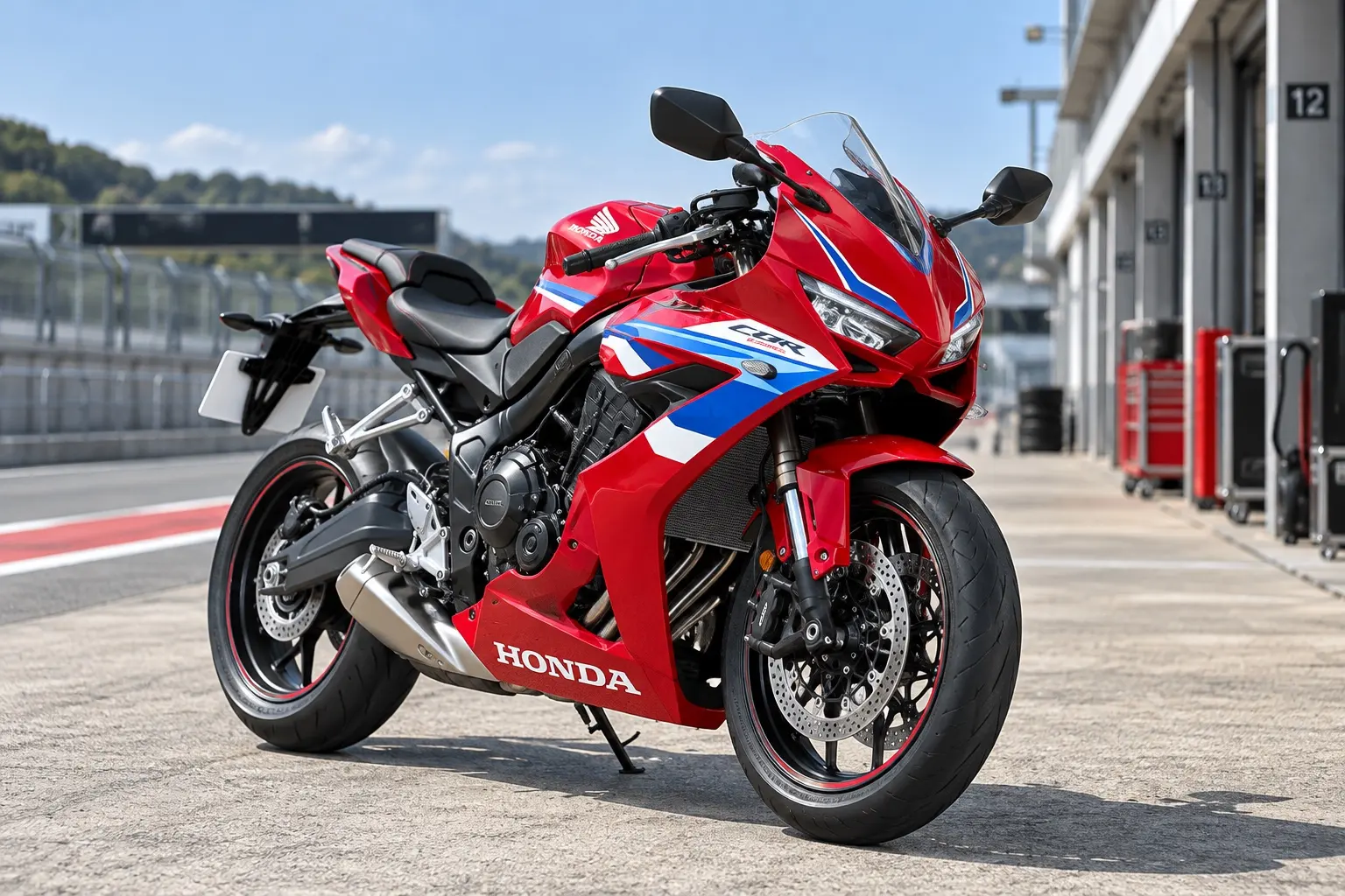 ホンダ CBR650Rを斜め前から見たカット。鋭いデュアルLEDヘッドライトのフルカウル、セパレートハンドル、4気筒エンジン、前後17インチのホイール