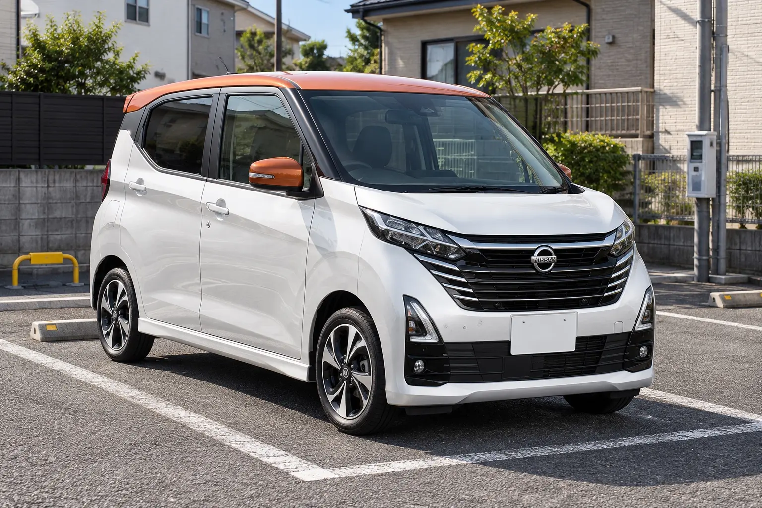 日産 デイズ ハイウェイスター(2026年改良後)の斜め前からの外観。ボディカラーはホワイトパール/プレミアムサンシャインオレンジの2トーン。住宅街のコインパーキングに停まっている
