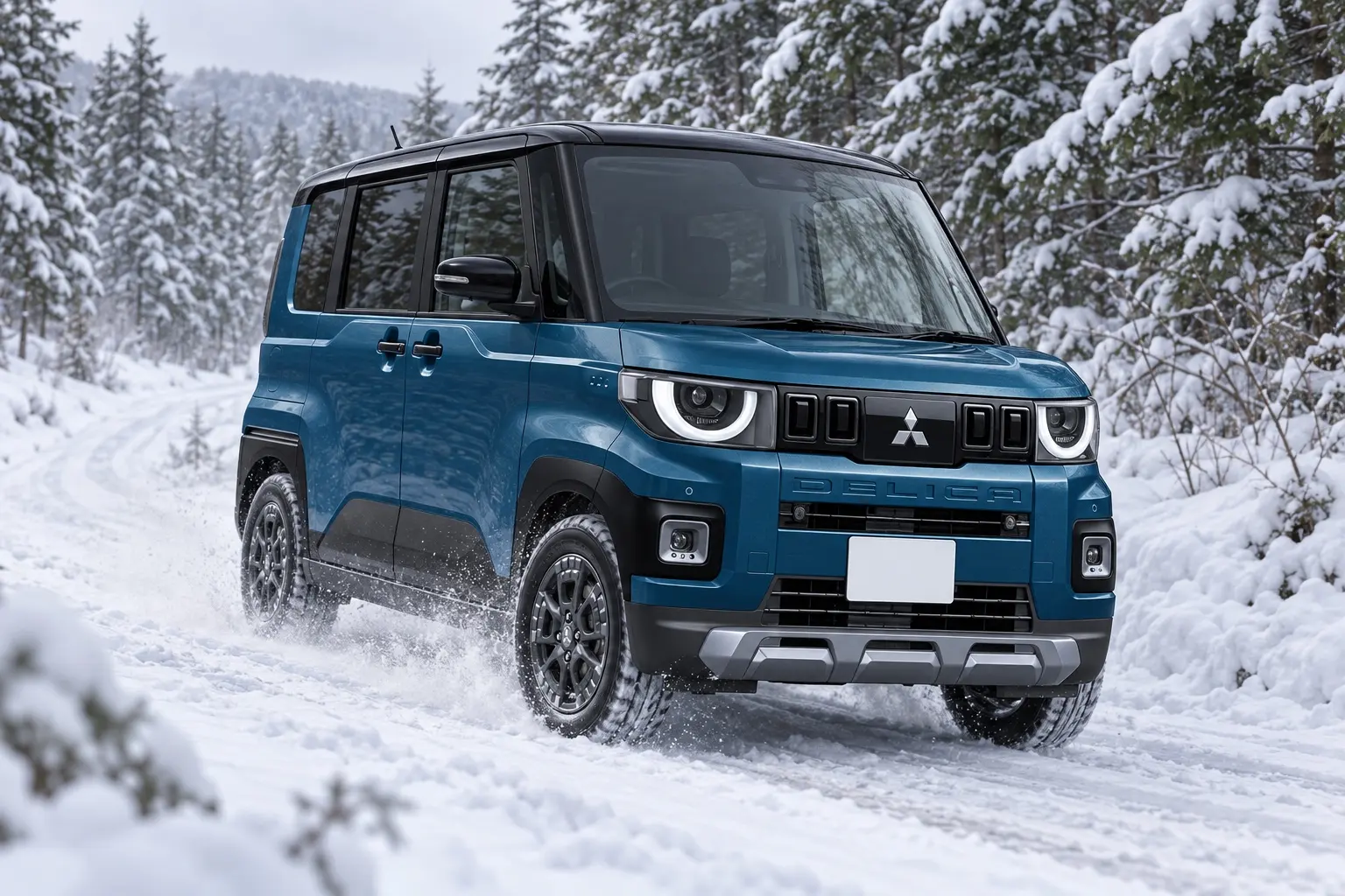 雪の積もった林道を走る三菱 デリカミニ 4WDの外観。タイヤが雪を踏んでいる斜め前からのカット