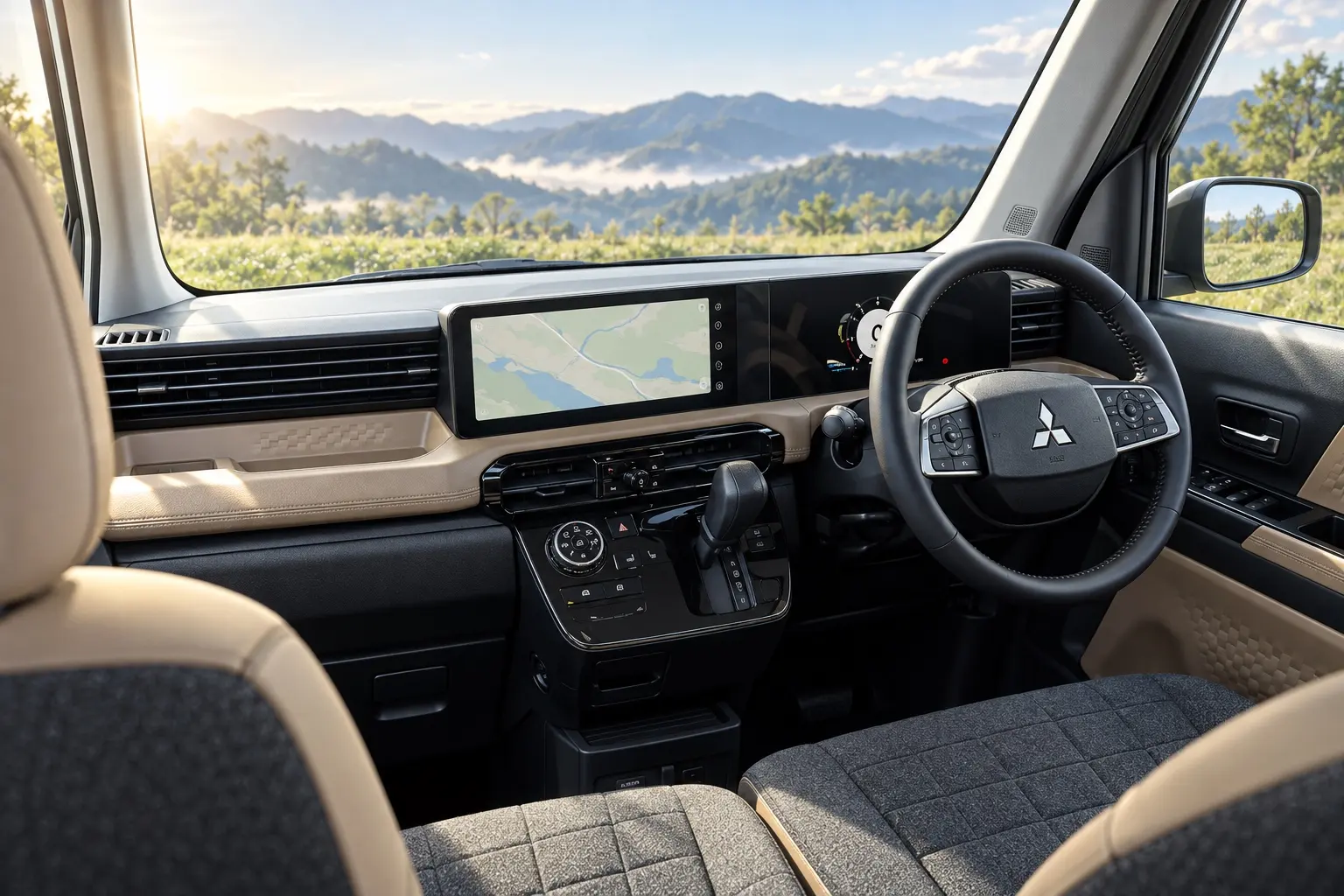 三菱 デリカミニの運転席まわり。横長の12.3インチ画面と、ベージュを使ったインパネが分かるカット